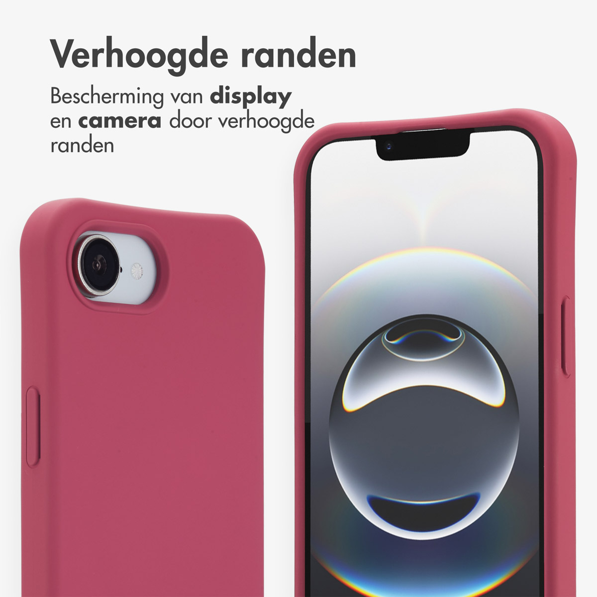Zwei rote Handyhüllen mit Handys darin. Eine zeigt die Kamera. Text: Erhöhte Kanten.