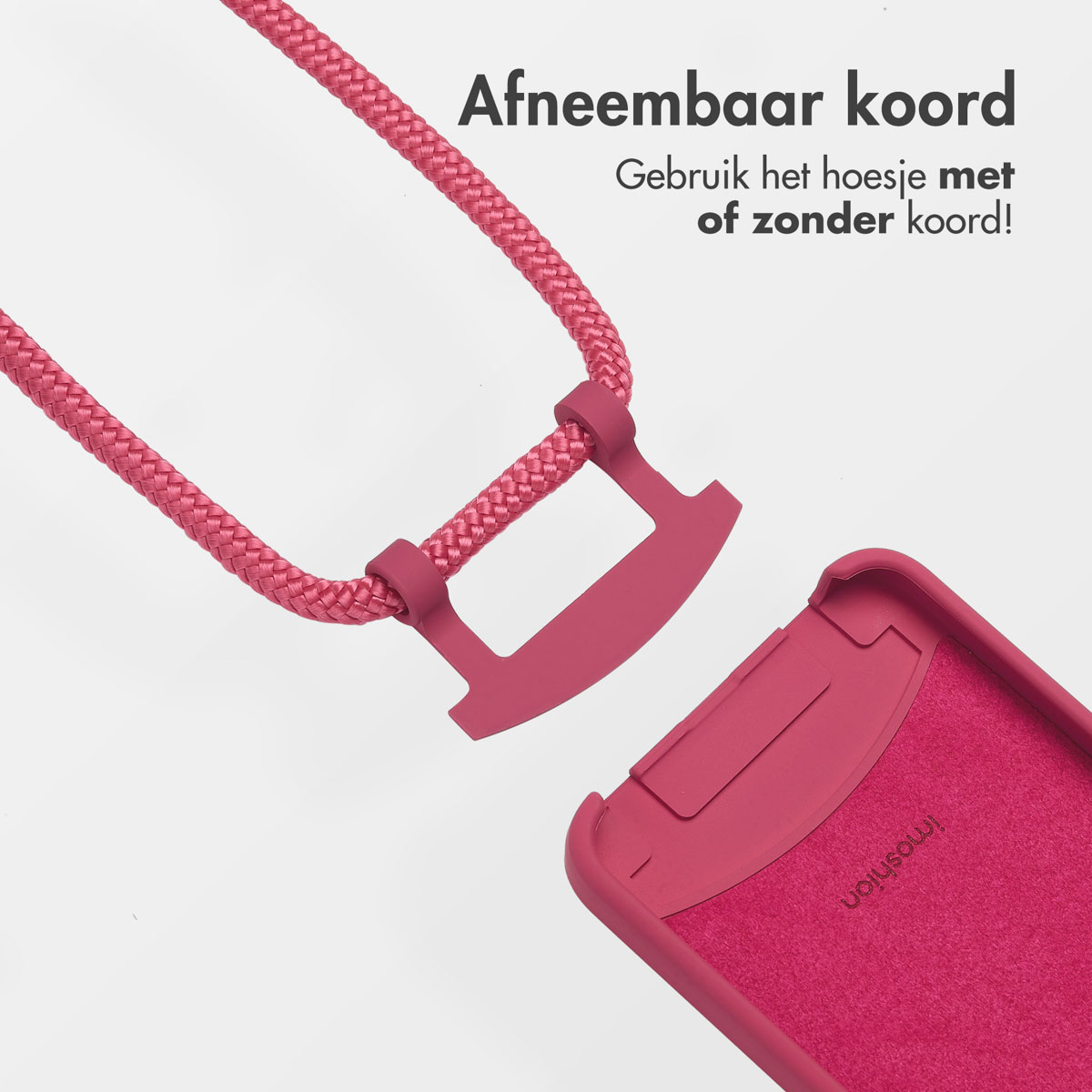 Eine pinke Handyhülle mit einer pinken Kordel. Die Kordel ist abnehmbar. Zeigt das Gehäuse und die getrennte Kordel.