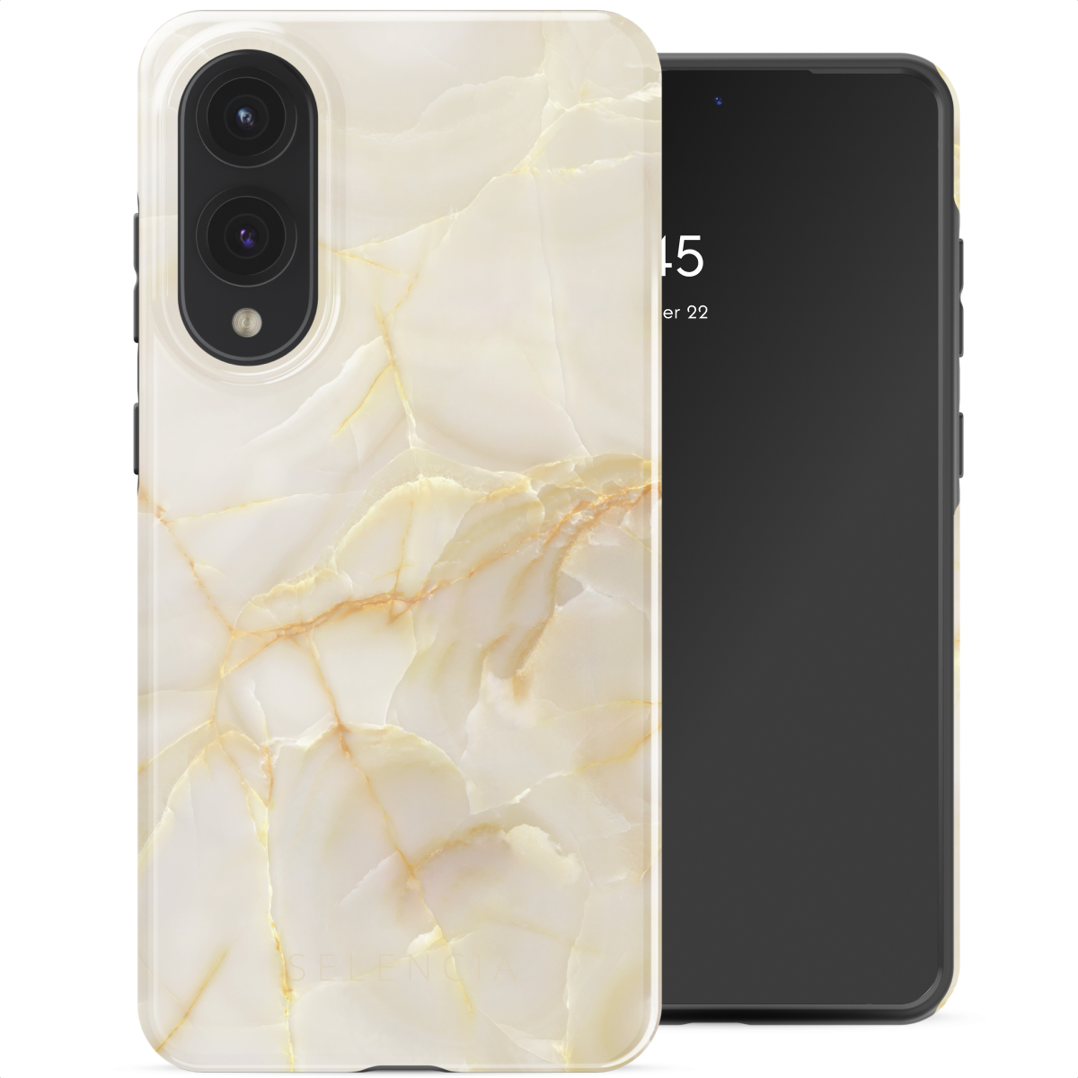 Een telefoonhoesje met een marmeren ontwerp en een telefoon. Tekst: SELENIUM.