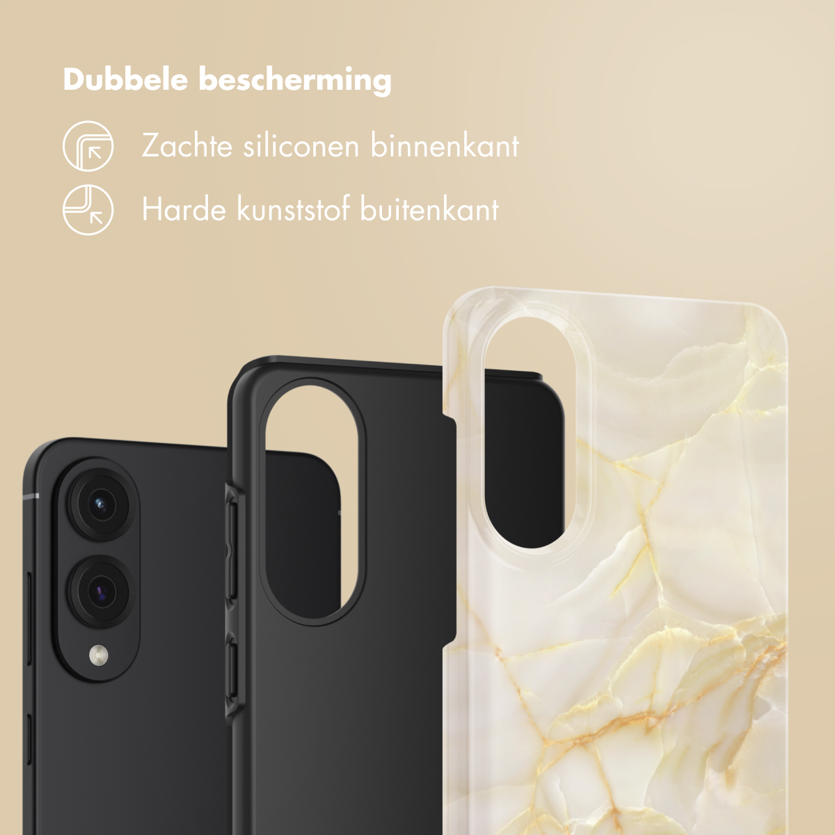 Drie telefoonhoesjes: een zwarte, een zwarte en een gebroken witte, marmerpatroon hoesje. Toont beschermingsfuncties.