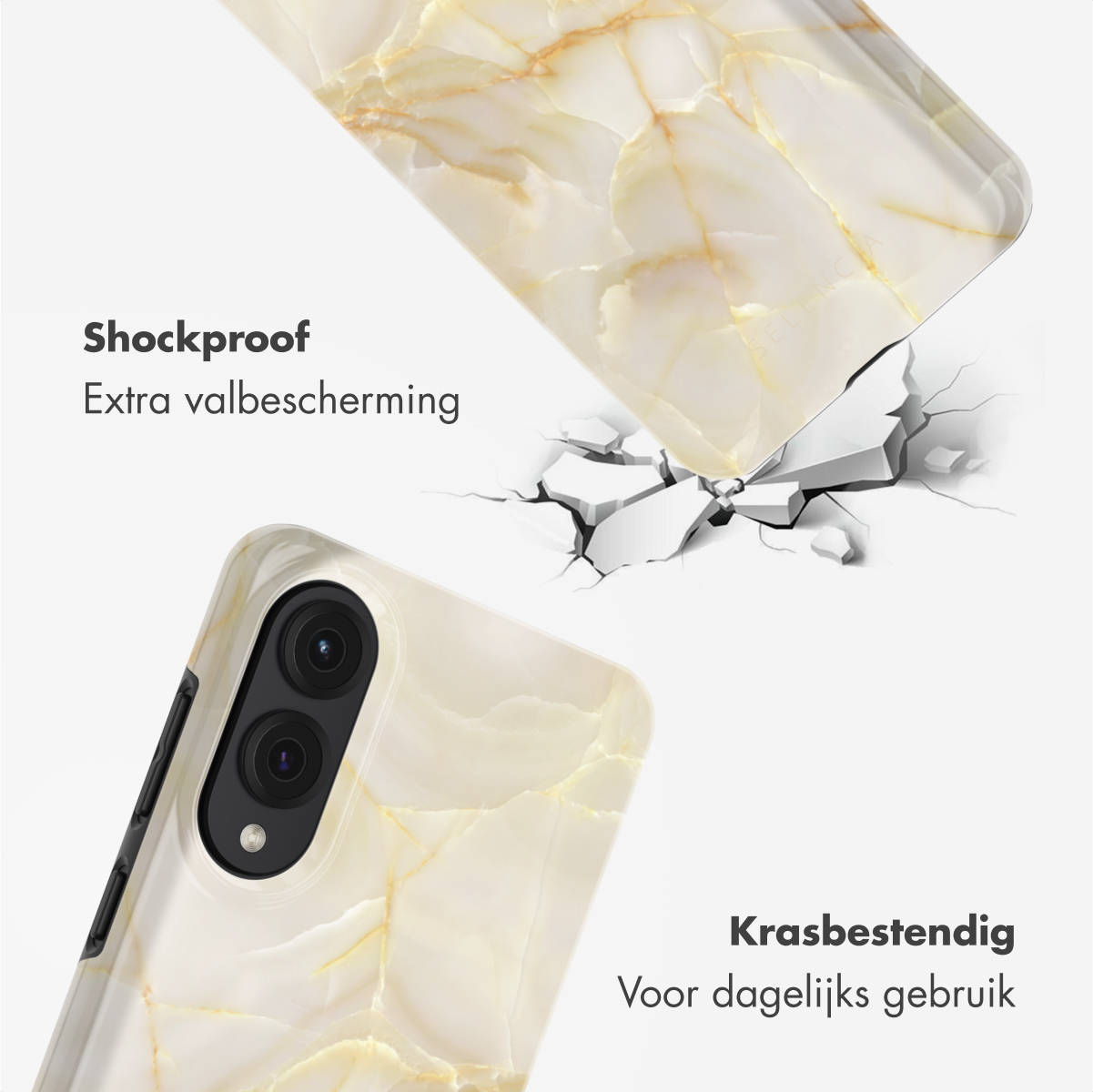 Een gebarsten telefoonhoesje met een marmerpatroon. Toont hoe het hoesje een telefoon beschermt tegen schade. Schokbestendig ontwerp.