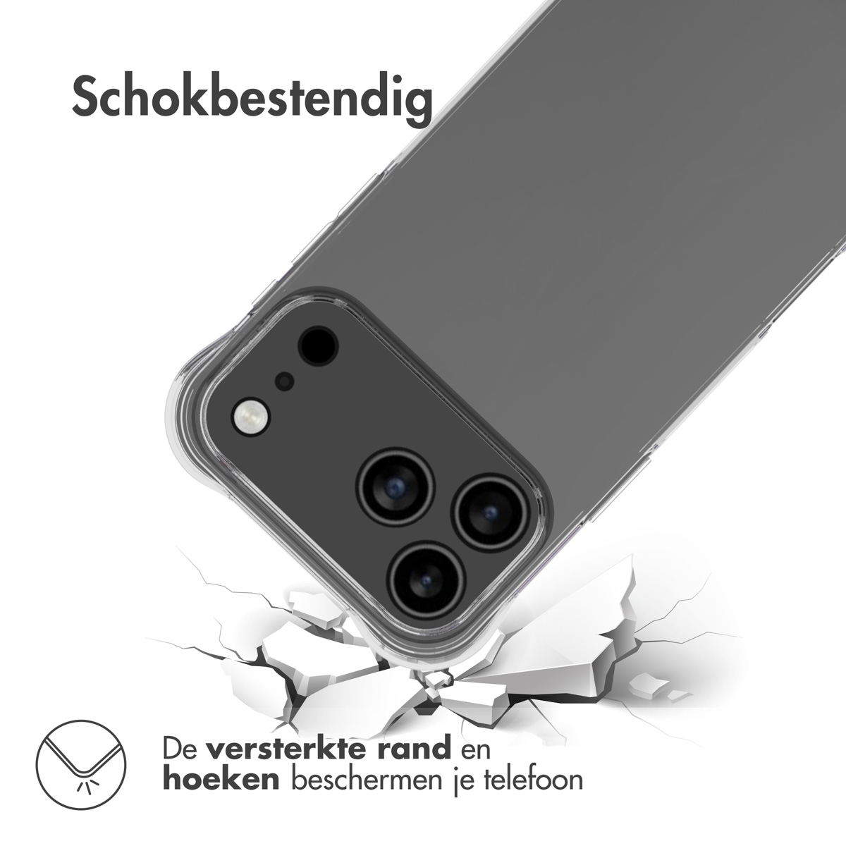 A phone in a clear case, with a broken ground. Text: Shockproof.