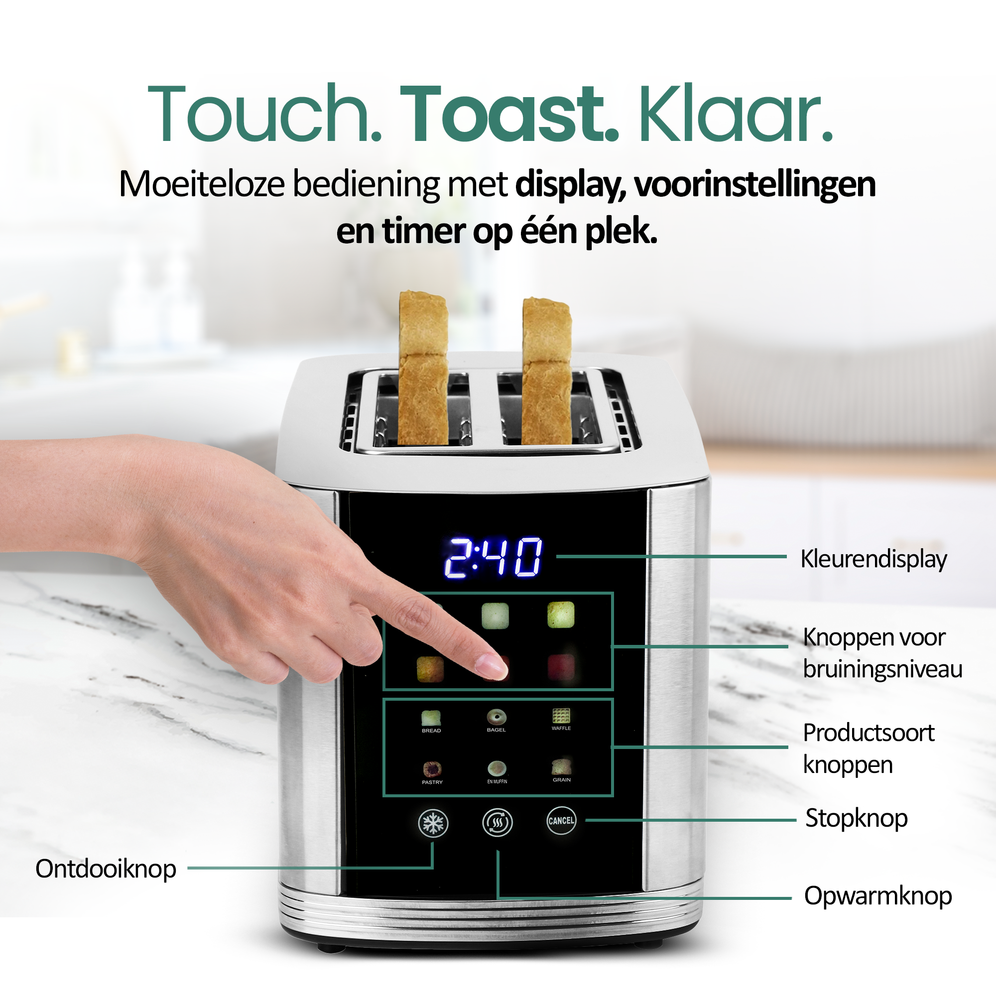 A hand points to a toaster with digital display. Different buttons are on the toaster.