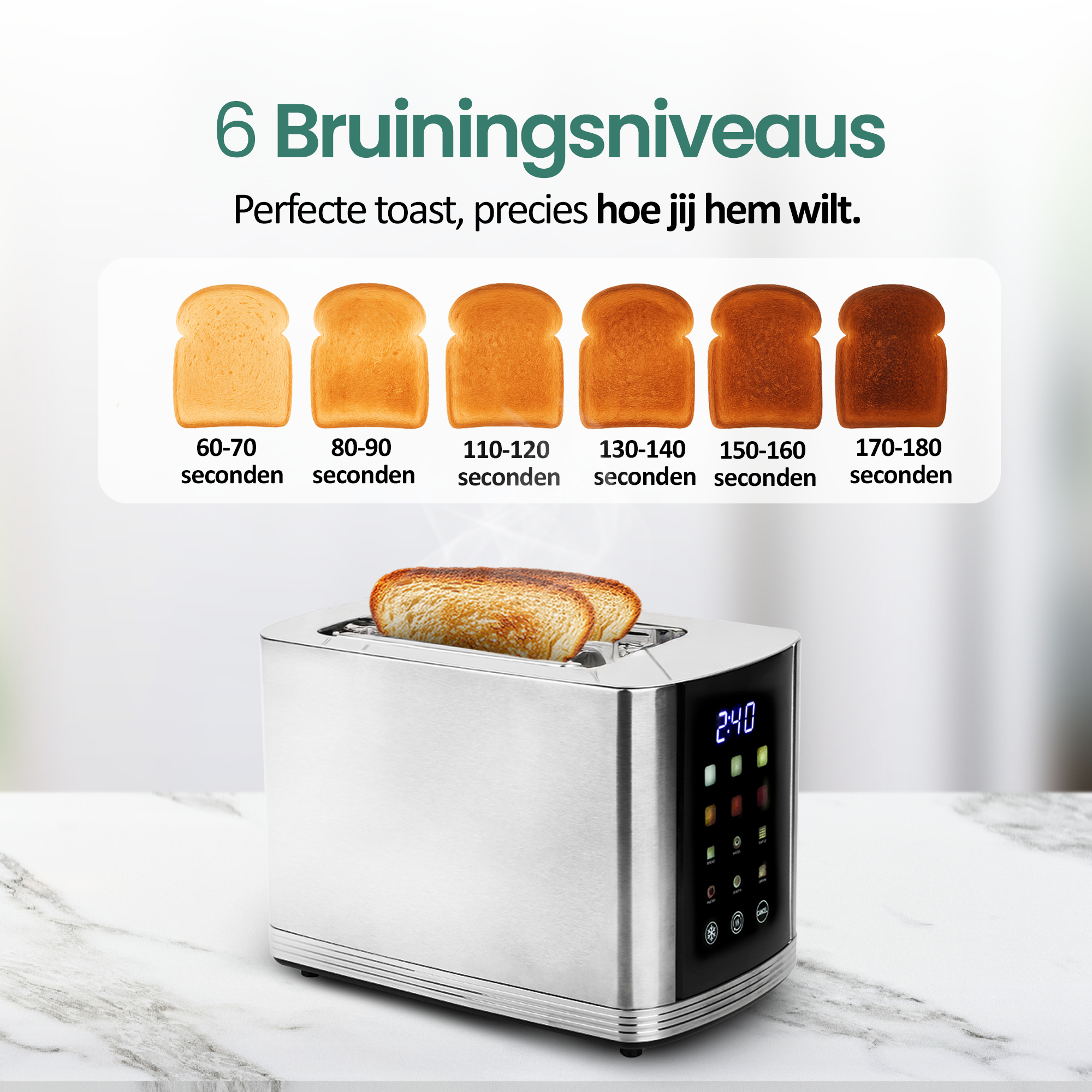 A toaster showing different levels of browning. The bread inside is toasted to various shades.