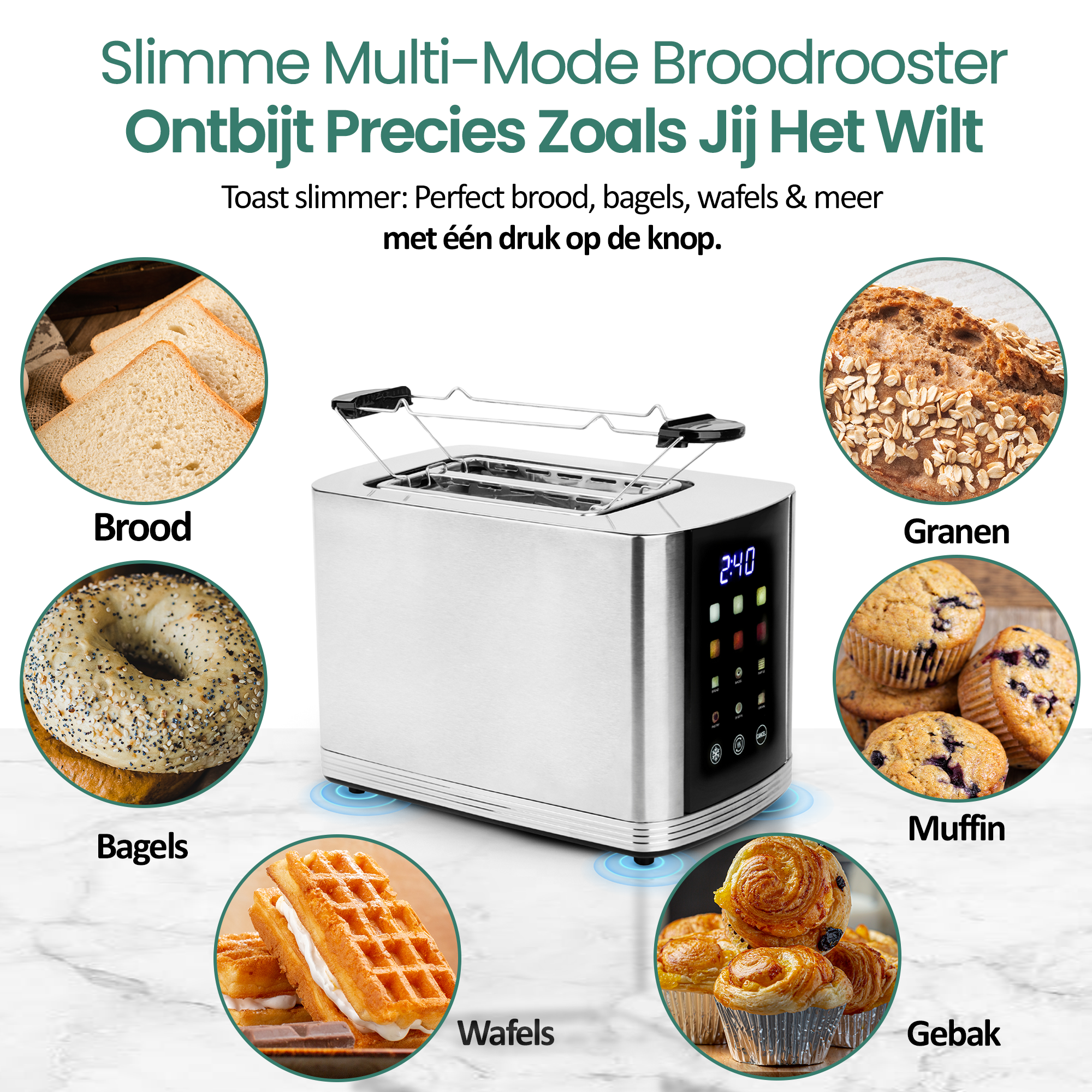 A toaster with different types of bread products around it. The toaster is silver with a display.
