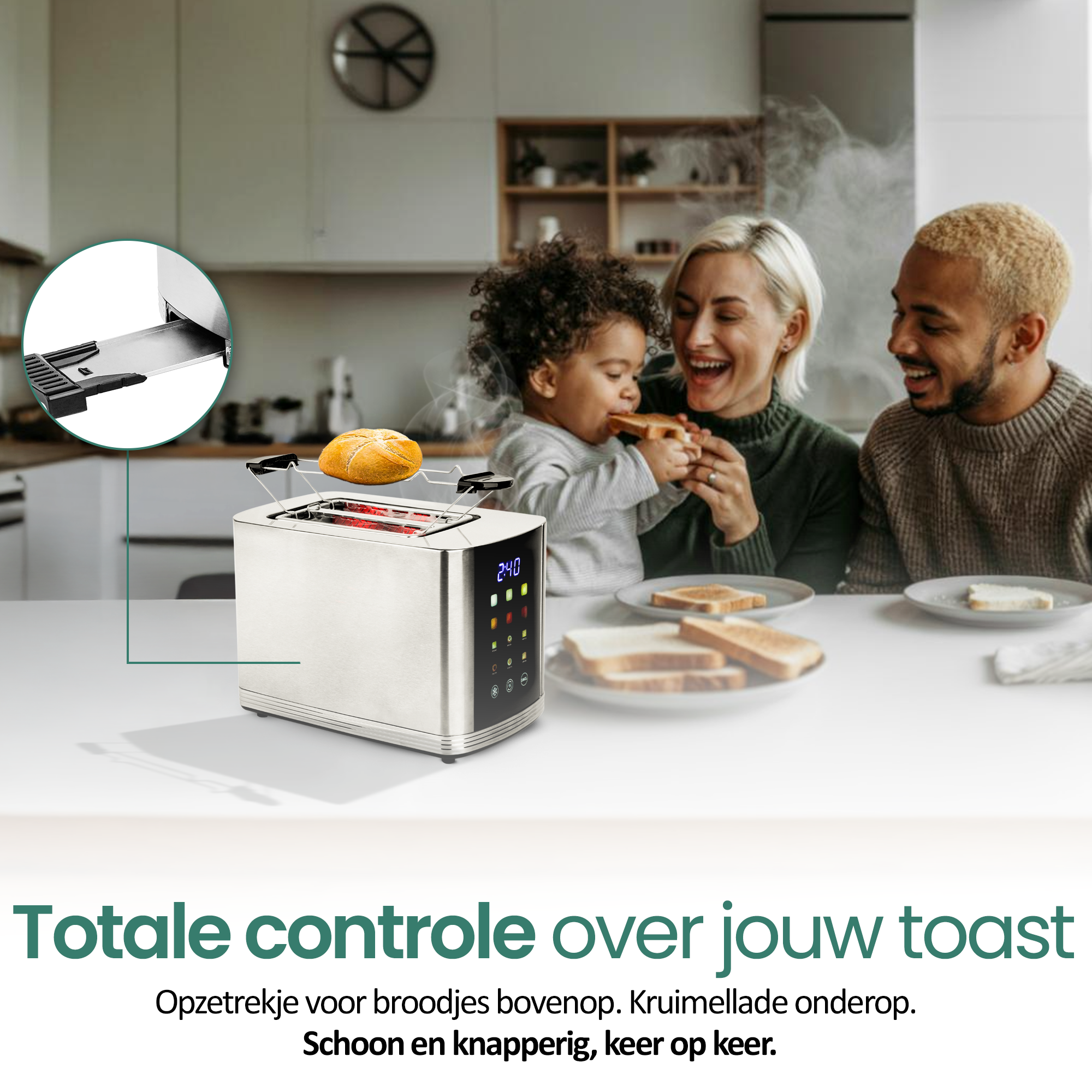 A family is gathered around a table, toasting bread using a silver toaster. There is smoke coming out.