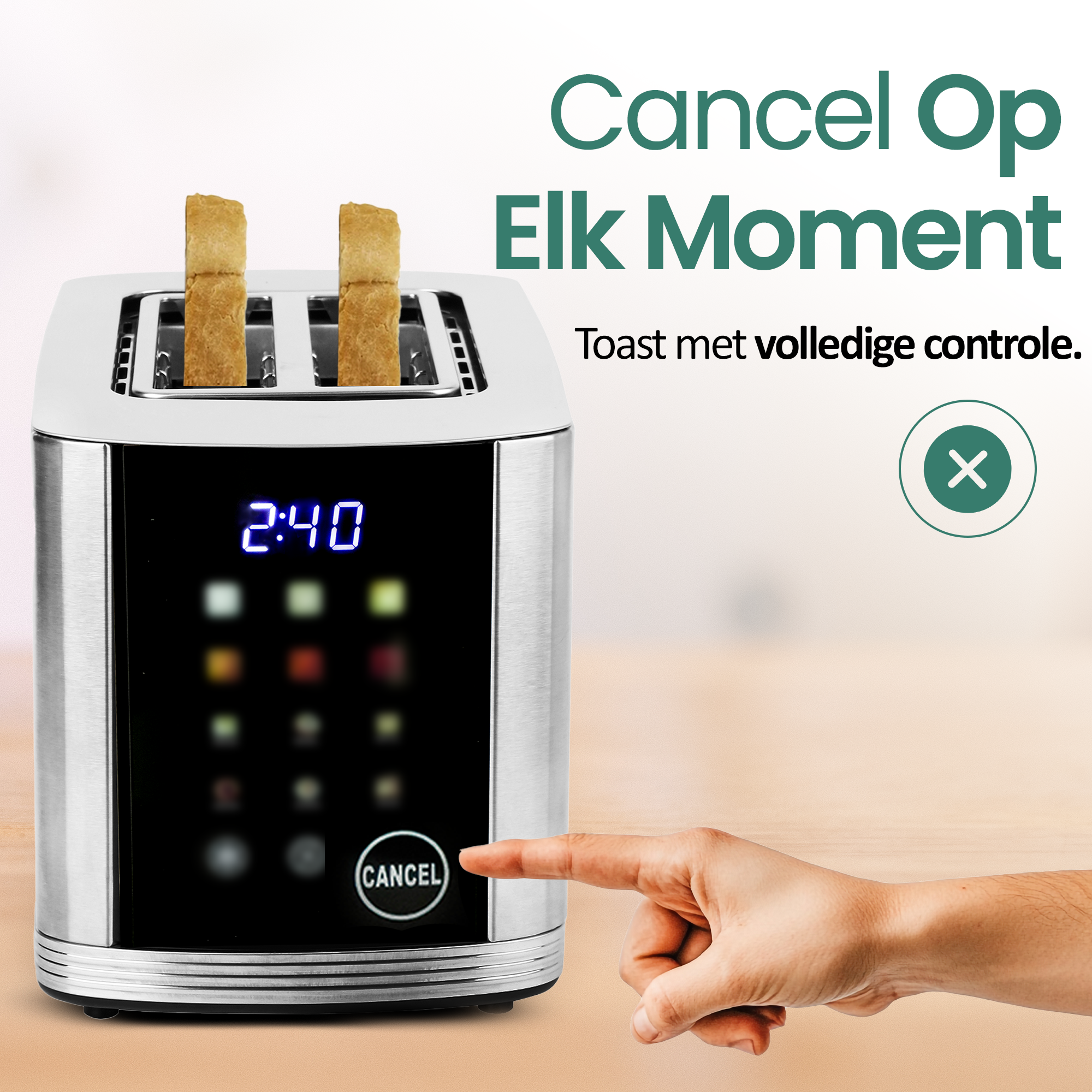 A hand presses a cancel button on a toaster with two slices of toast. The toaster has a digital display.