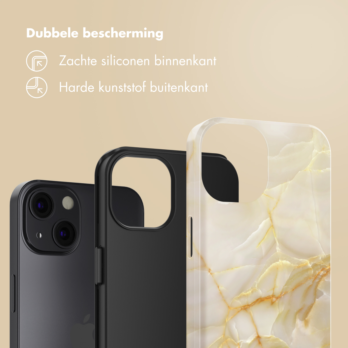 Tre custodie per telefoni, una con un telefono all'interno e altre due. La custodia è bianca con venature dorate.