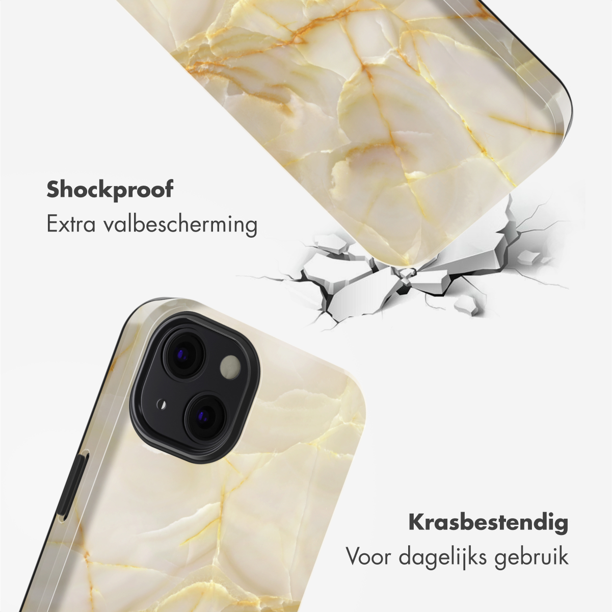 Una custodia per telefono con un design in marmo viene mostrata mentre si rompe dopo un impatto, con testo che indica antiurto.