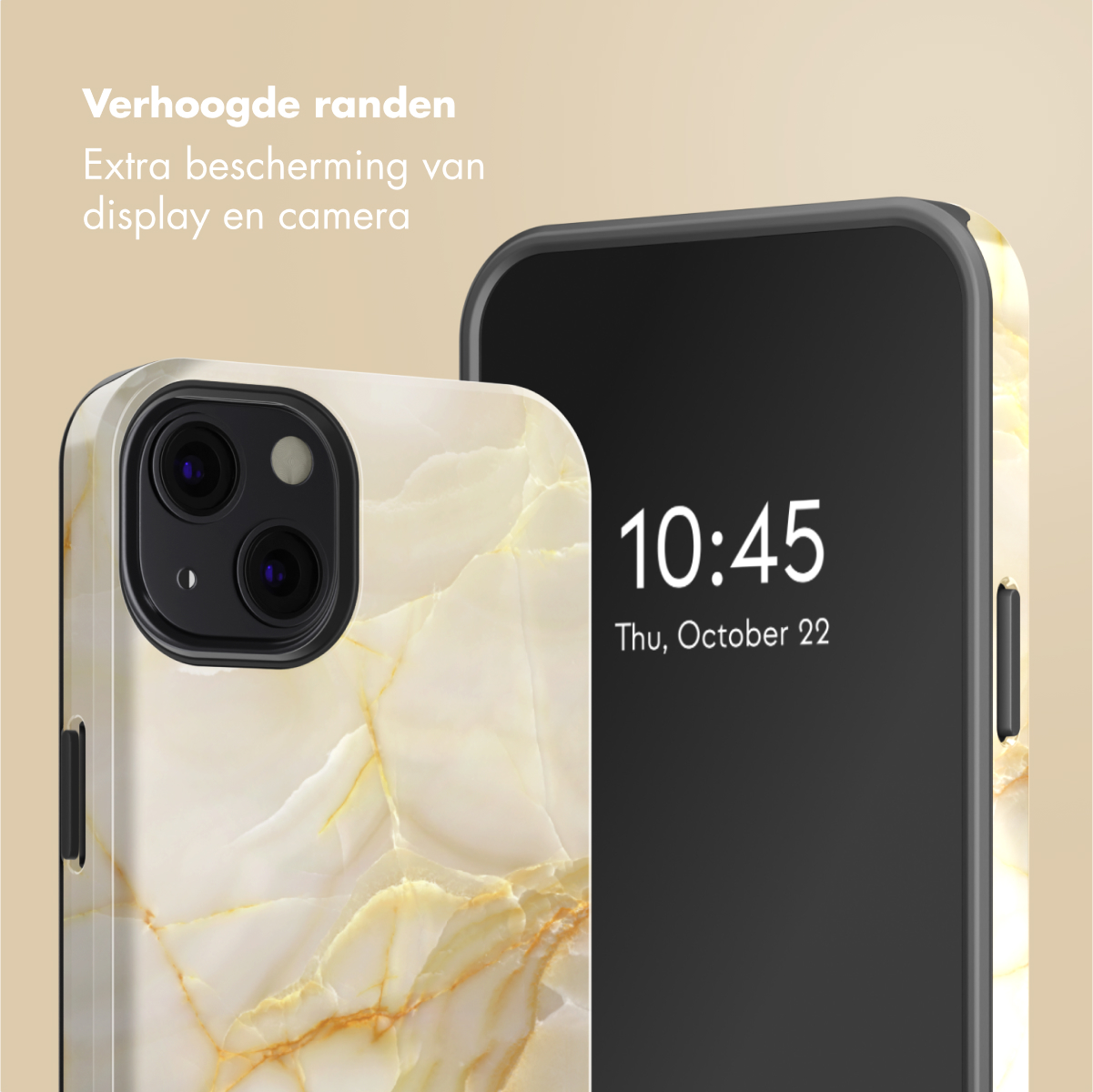 Un telefono in una custodia dal design marmorizzato. Testo: Protezione extra.