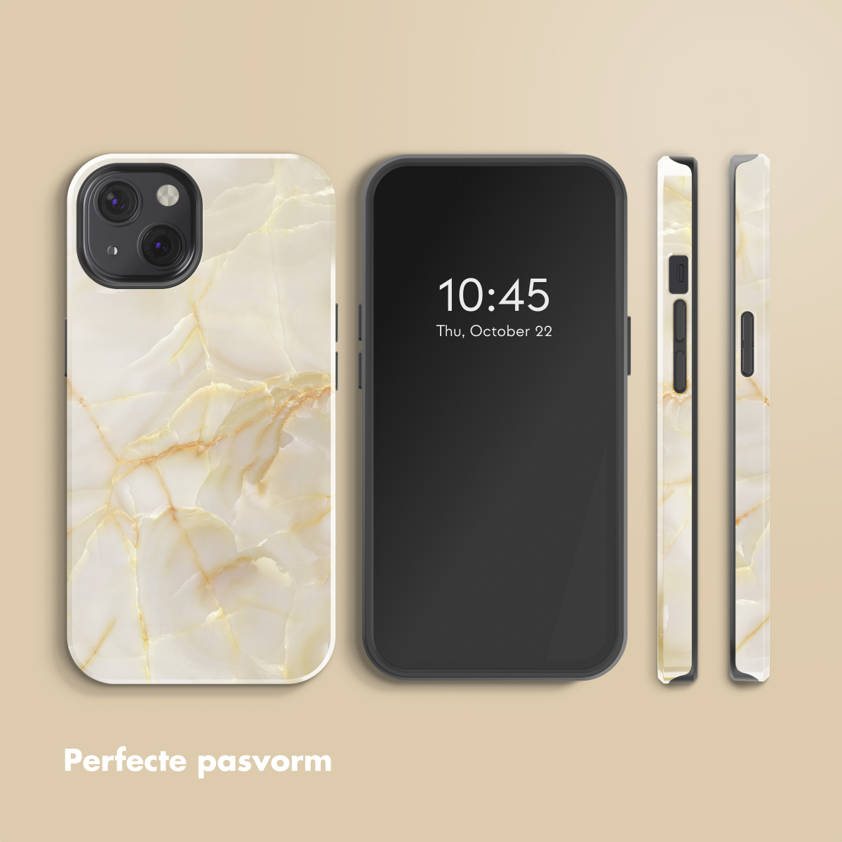 Un telefono con custodia in marmo, che mostra l'ora sullo schermo. La custodia è bianca con venature dorate.