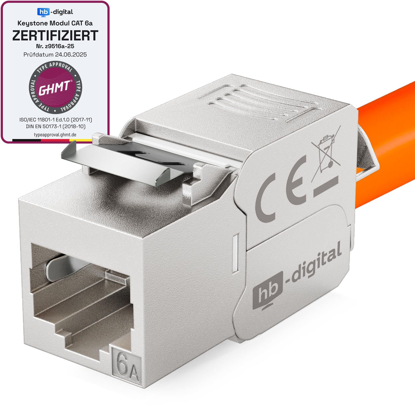 Ein silberner RJ45-Stecker mit Etikett. Text: Zertifiziert.