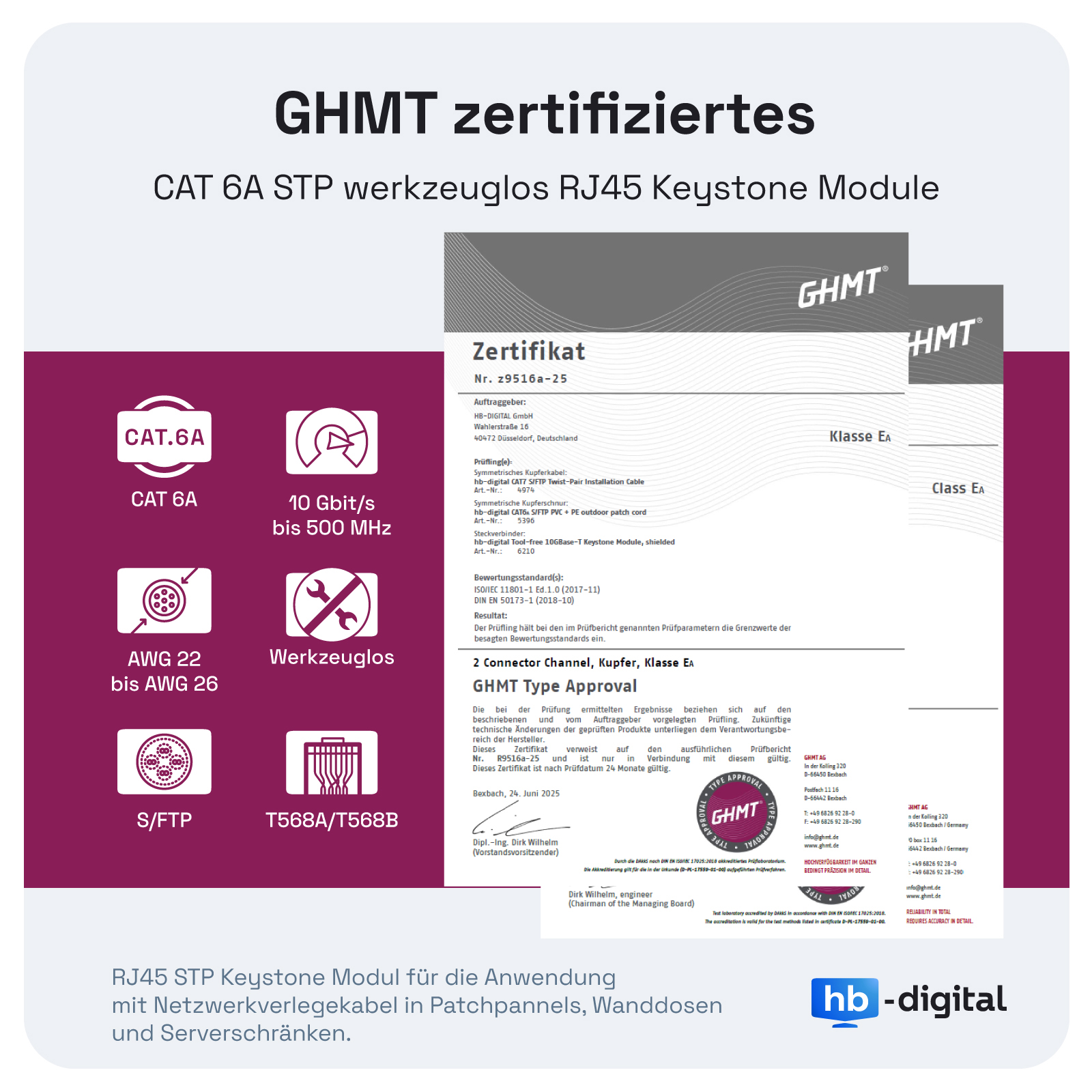 Weißes Papier mit Text und Logos, darunter 'GHMT zertifiziertes', CAT 6A STP, RJ45 und 'hb-digital'. Diagramme und technische Details enthalten.