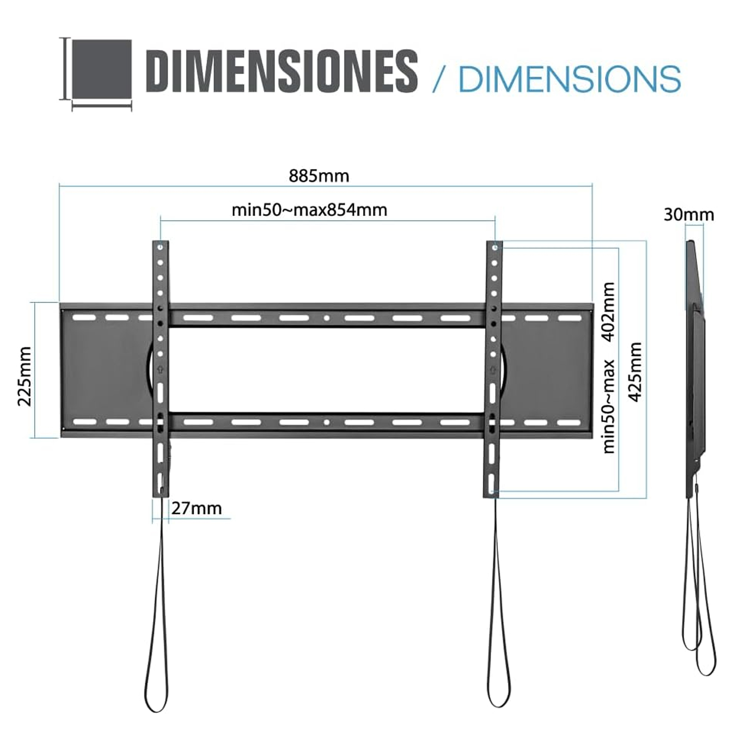 Diagrama que muestra las dimensiones del soporte de TV en mm. Incluye medidas de ancho, alto y distancia a la pared. Cables presentes.