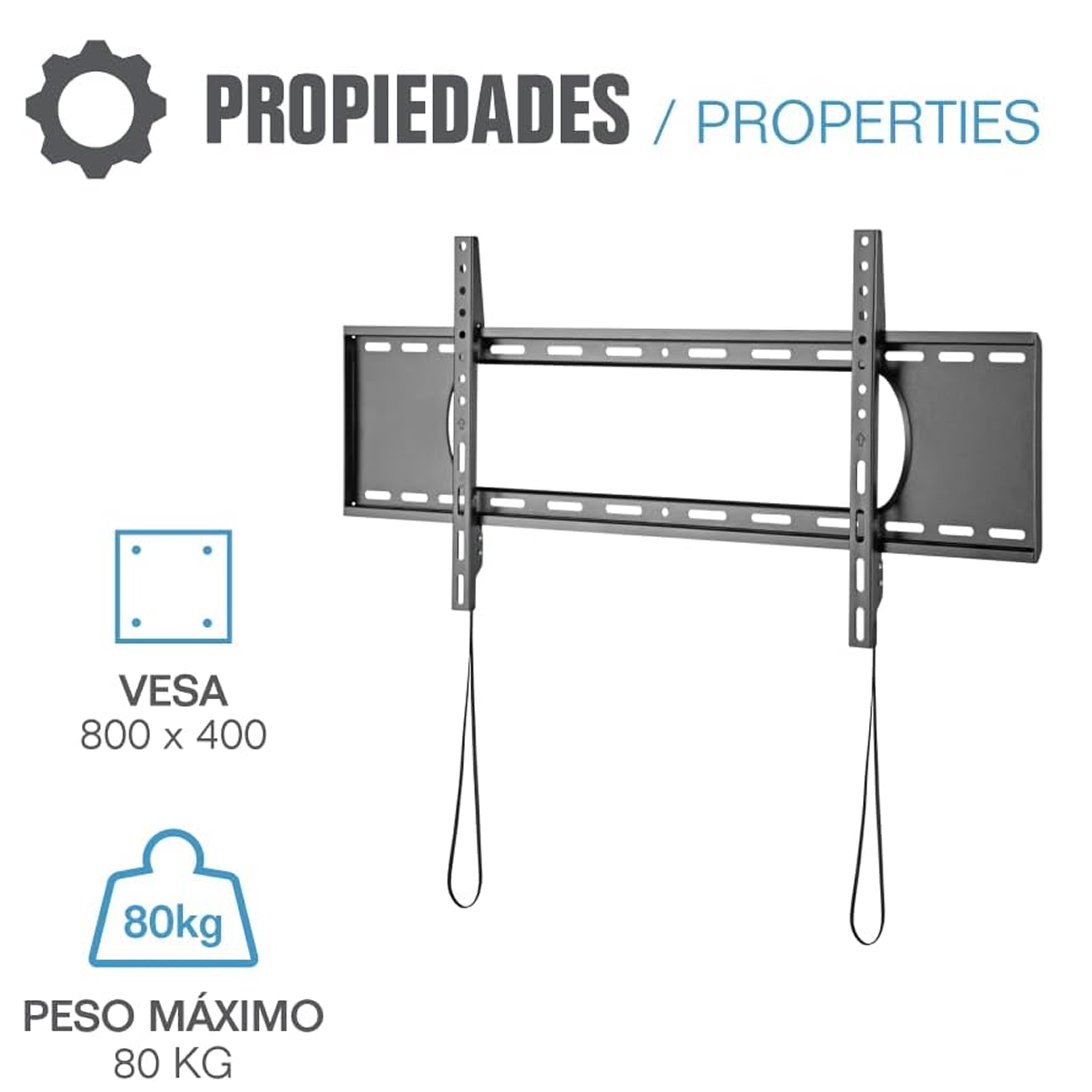 Un soporte de pared para TV negro con diseño rectangular, con el texto 'PROPIEDADES / PROPERTIES' arriba.