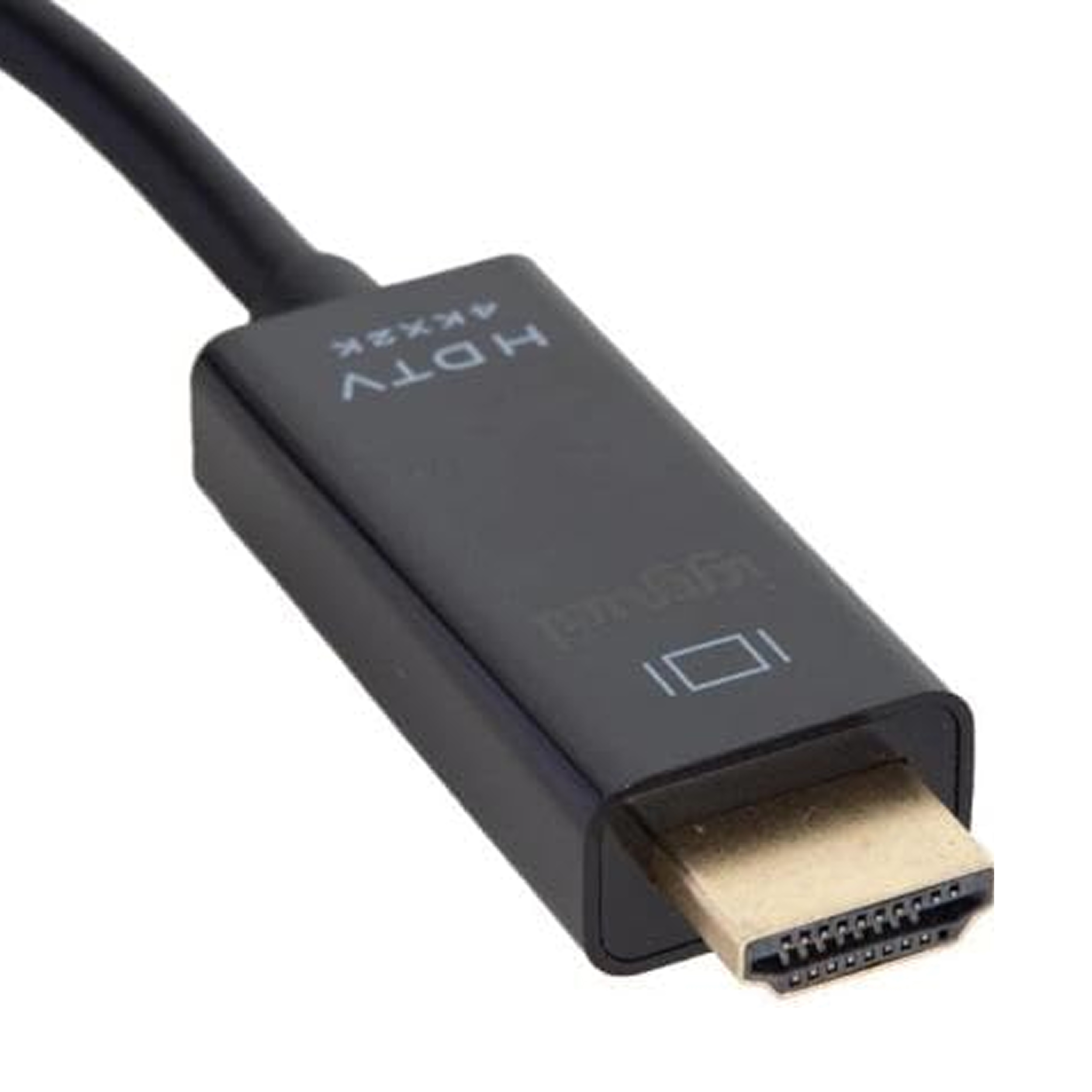 Un cable DisplayPort a HDMI negro, que muestra los conectores y el cable negro, sobre un fondo blanco.