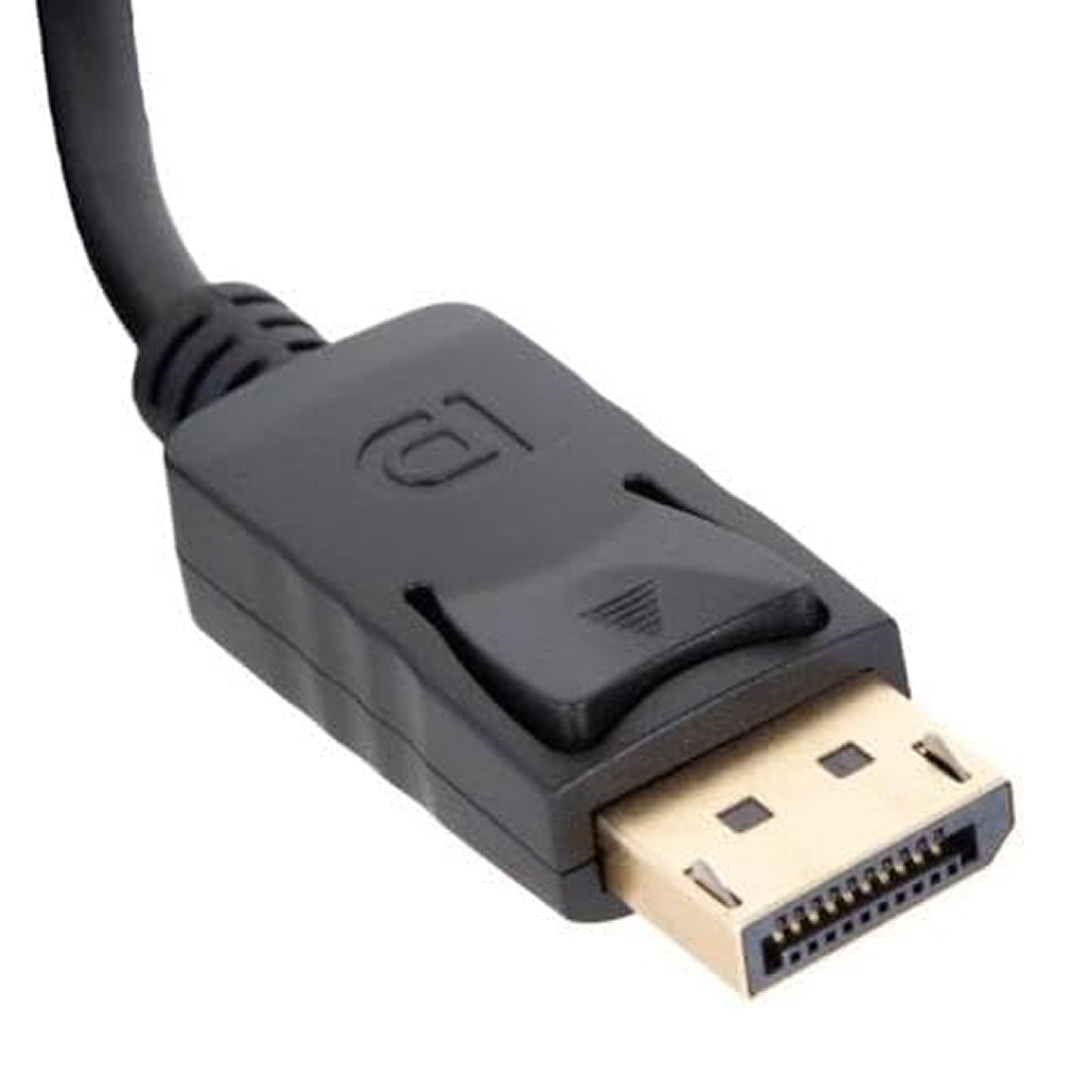 Un conector DisplayPort negro con el logotipo DP, sobre un fondo blanco, mostrando los pines y el conector.
