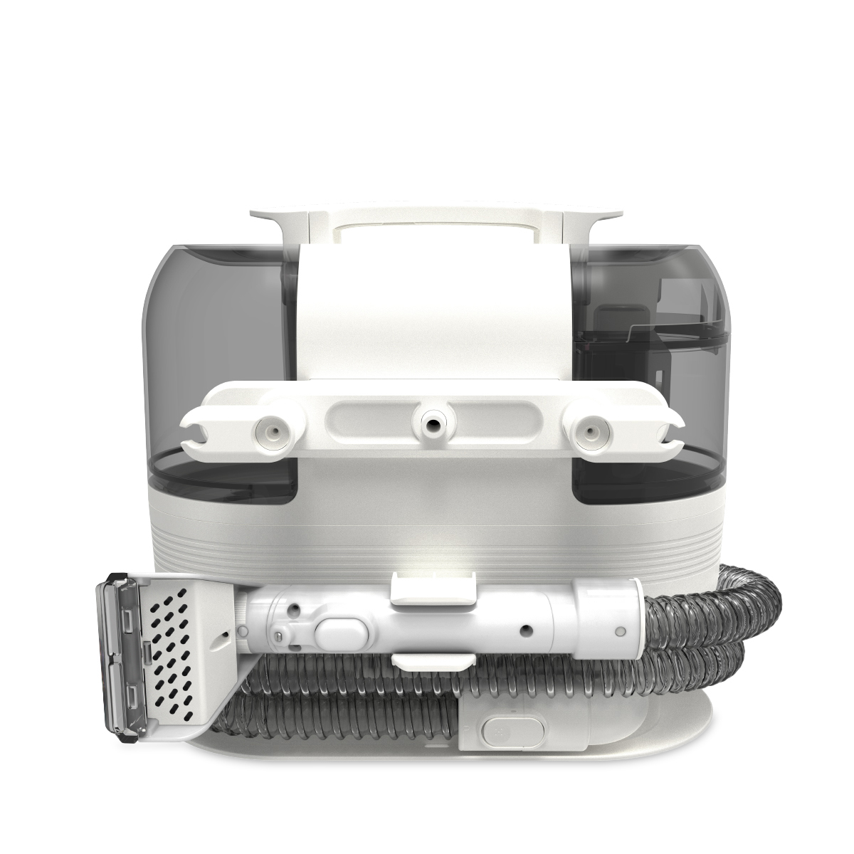 Biały odkurzacz z wężem i dyszą, na białym tle.
