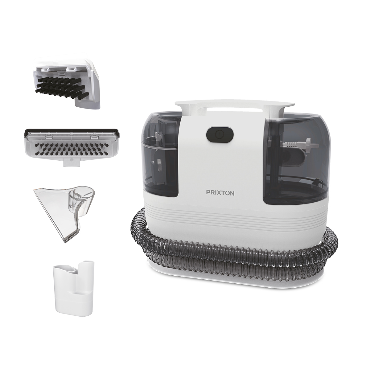 Biała maszyna czyszcząca z osprzętem, wężem i różnymi dyszami.