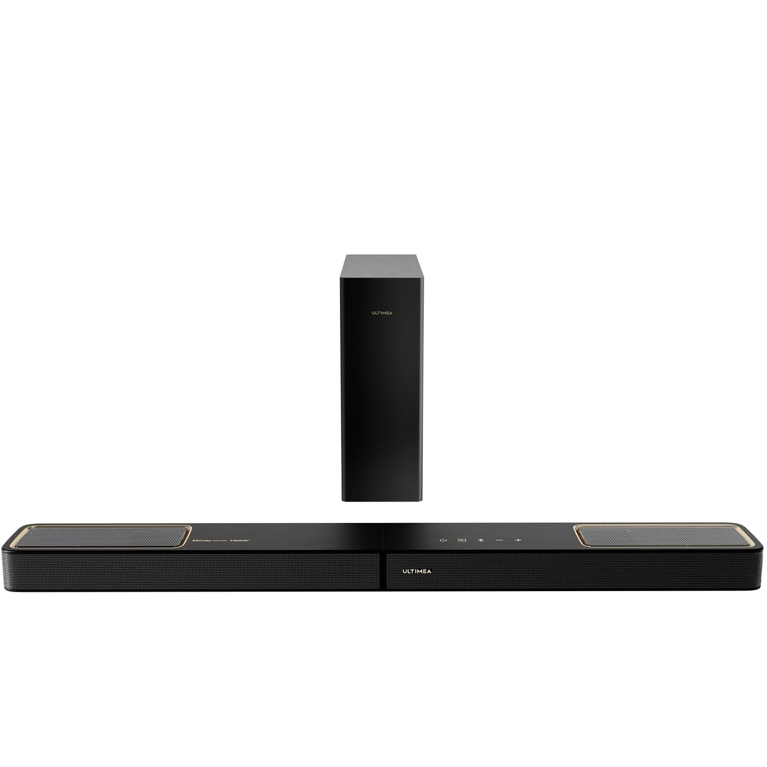 Czarny soundbar i subwoofer. Złote akcenty na soundbarze.