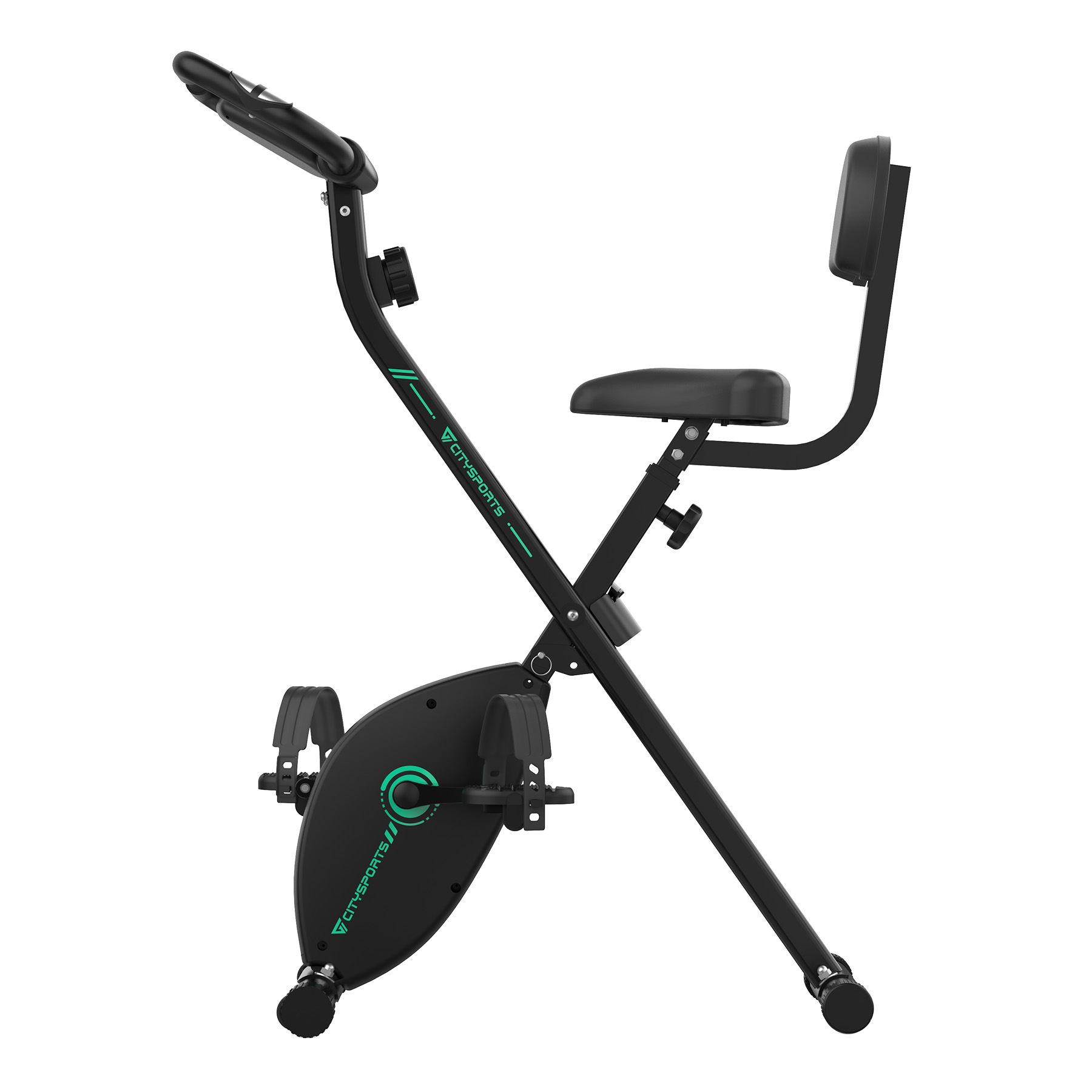 Vélo d'exercice pliable noir avec siège, dossier et poignées. Détails verts.