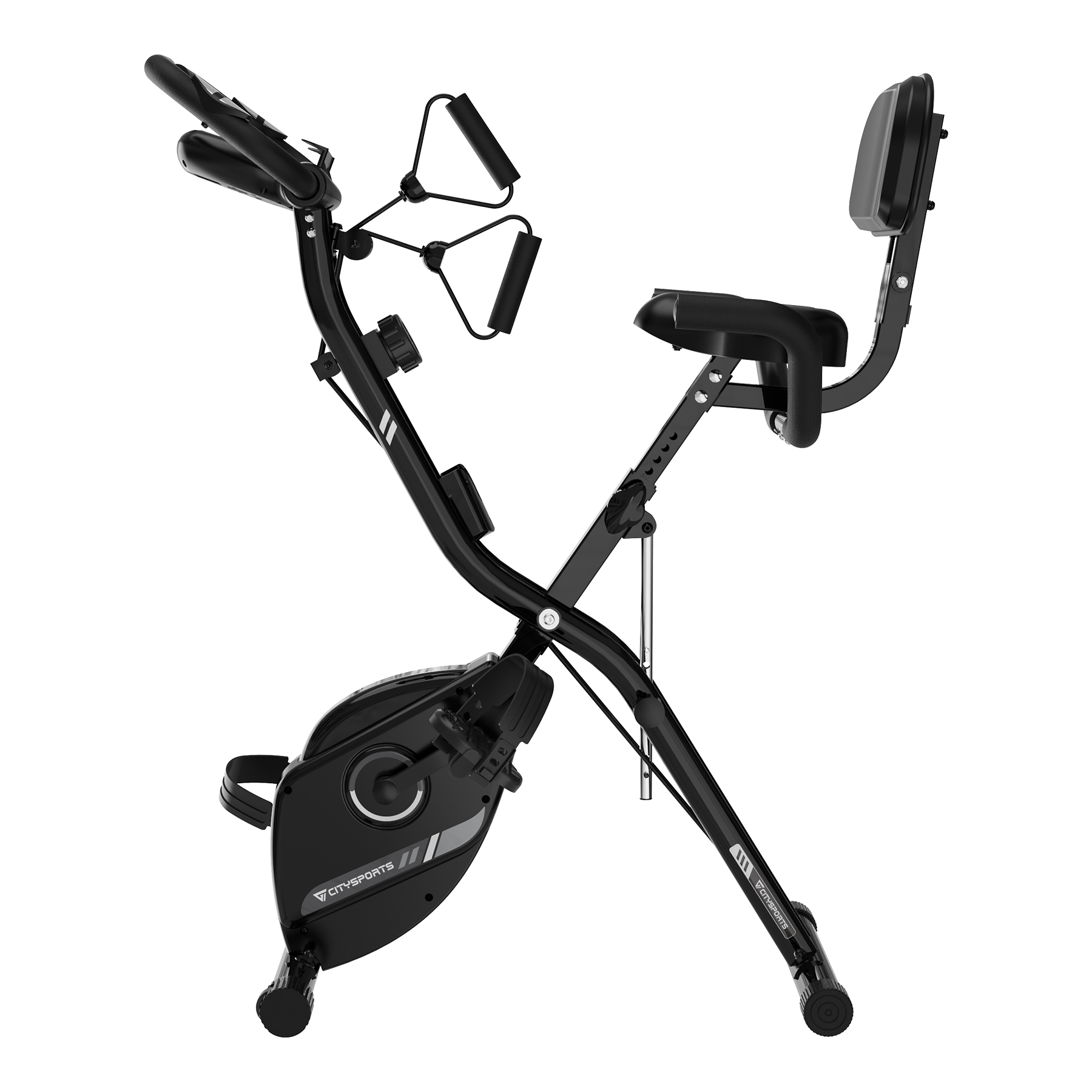 Bicicleta estática negra con asiento, respaldo y manijas. Combinación negro-gris.