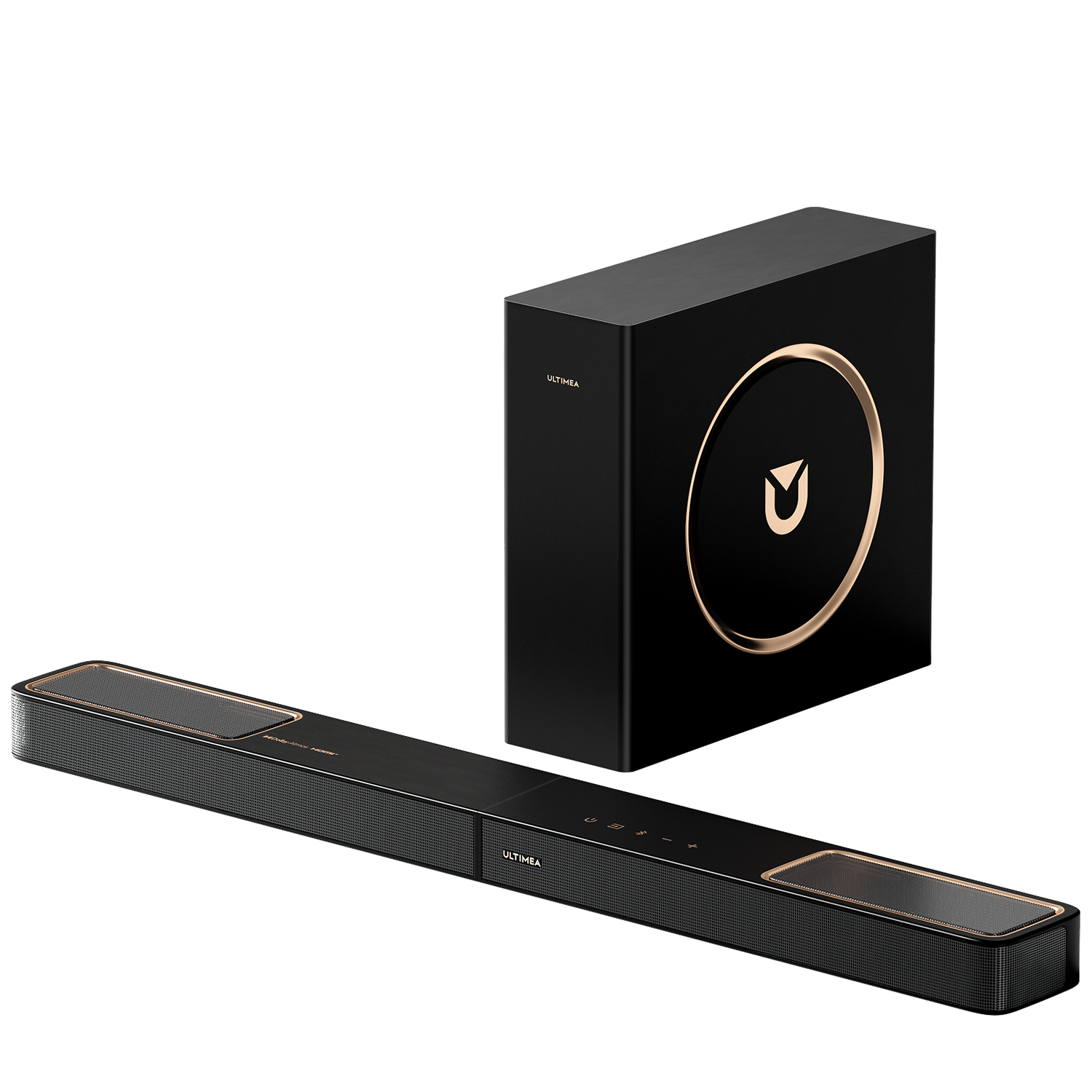 Czarny soundbar i subwoofer. Złote akcenty.