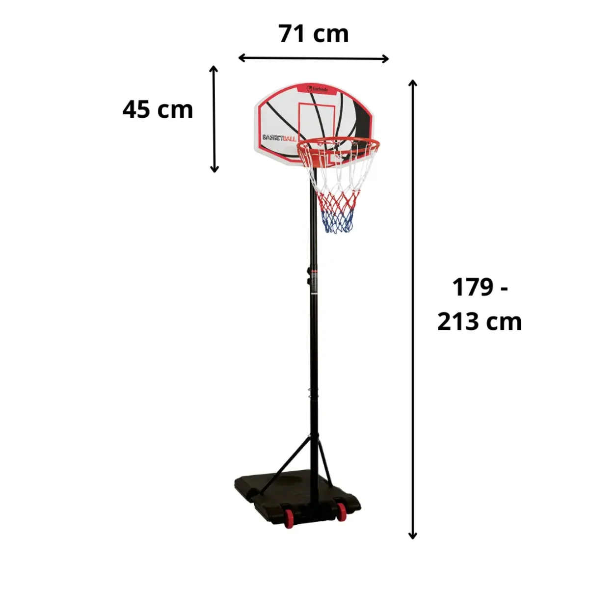 A basketball hoop with dimensions labeled. The backboard is 45 cm wide, and the pole is 179-213 cm high.