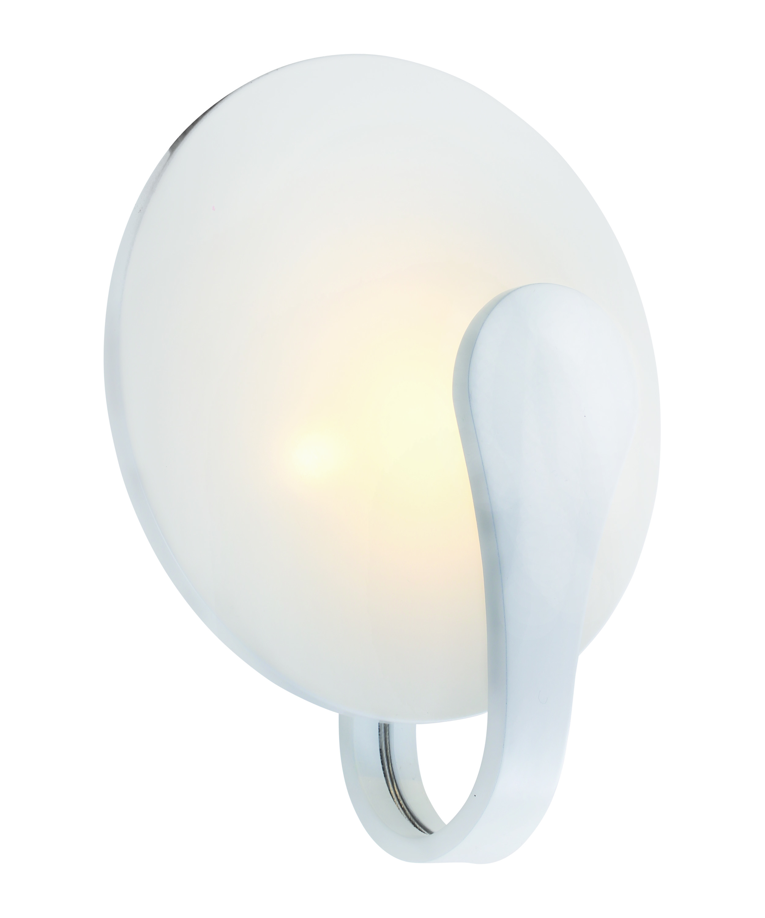 Eine weiße Wandlampe mit rundem, mattiertem Schirm.