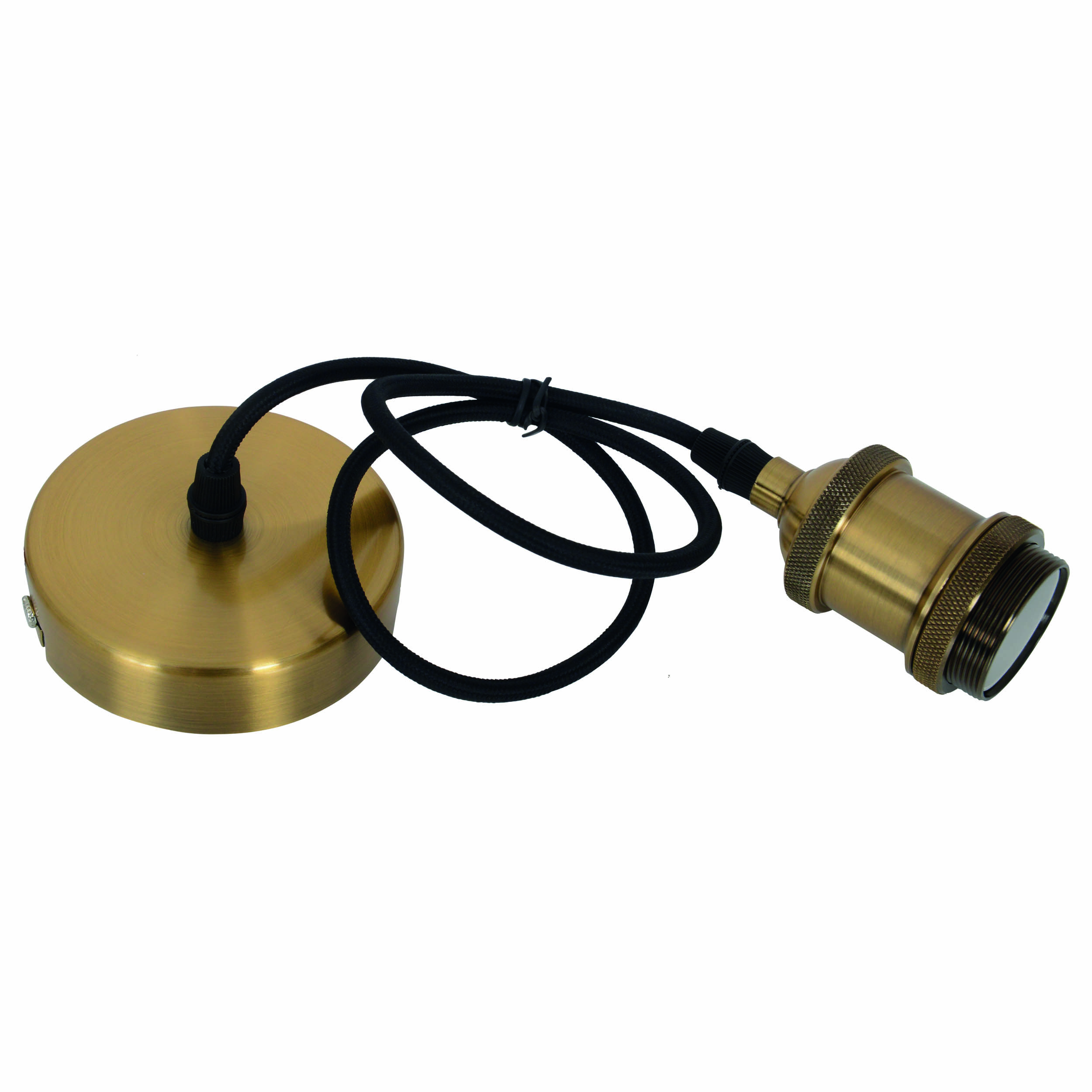 Eine goldfarbene Deckenleuchte mit einem schwarzen Kabel. Die Leuchte und die Fassung befinden sich im Vordergrund.