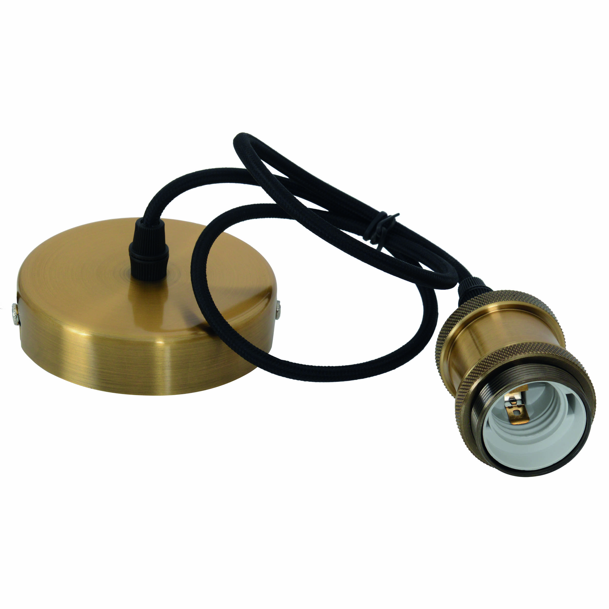 Eine goldfarbene Deckenleuchte mit einem schwarzen Kabel. Die Leuchte und die Fassung sind im Vordergrund.