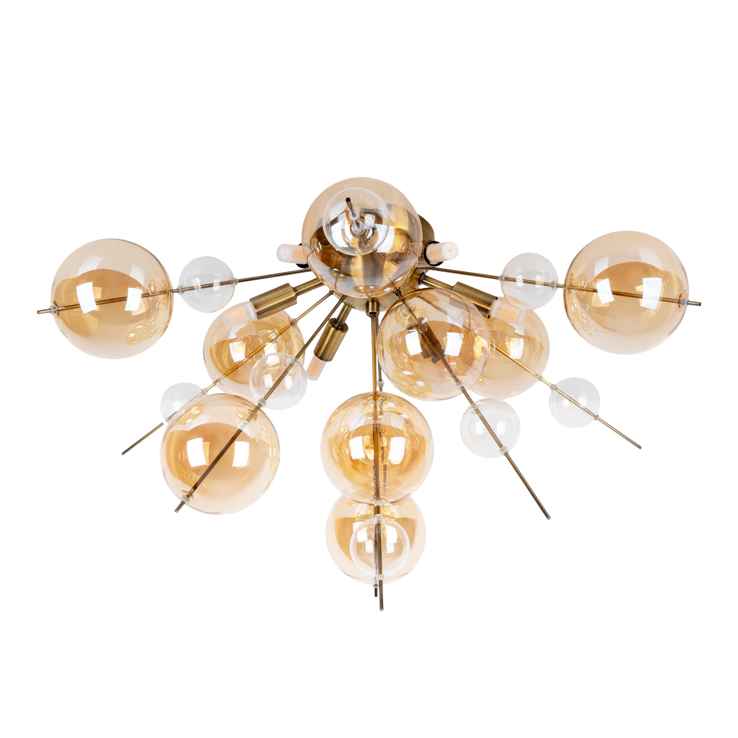 Lustre avec des sphères en verre ambré et transparent. Les sphères sont au premier plan. Le fond est blanc.