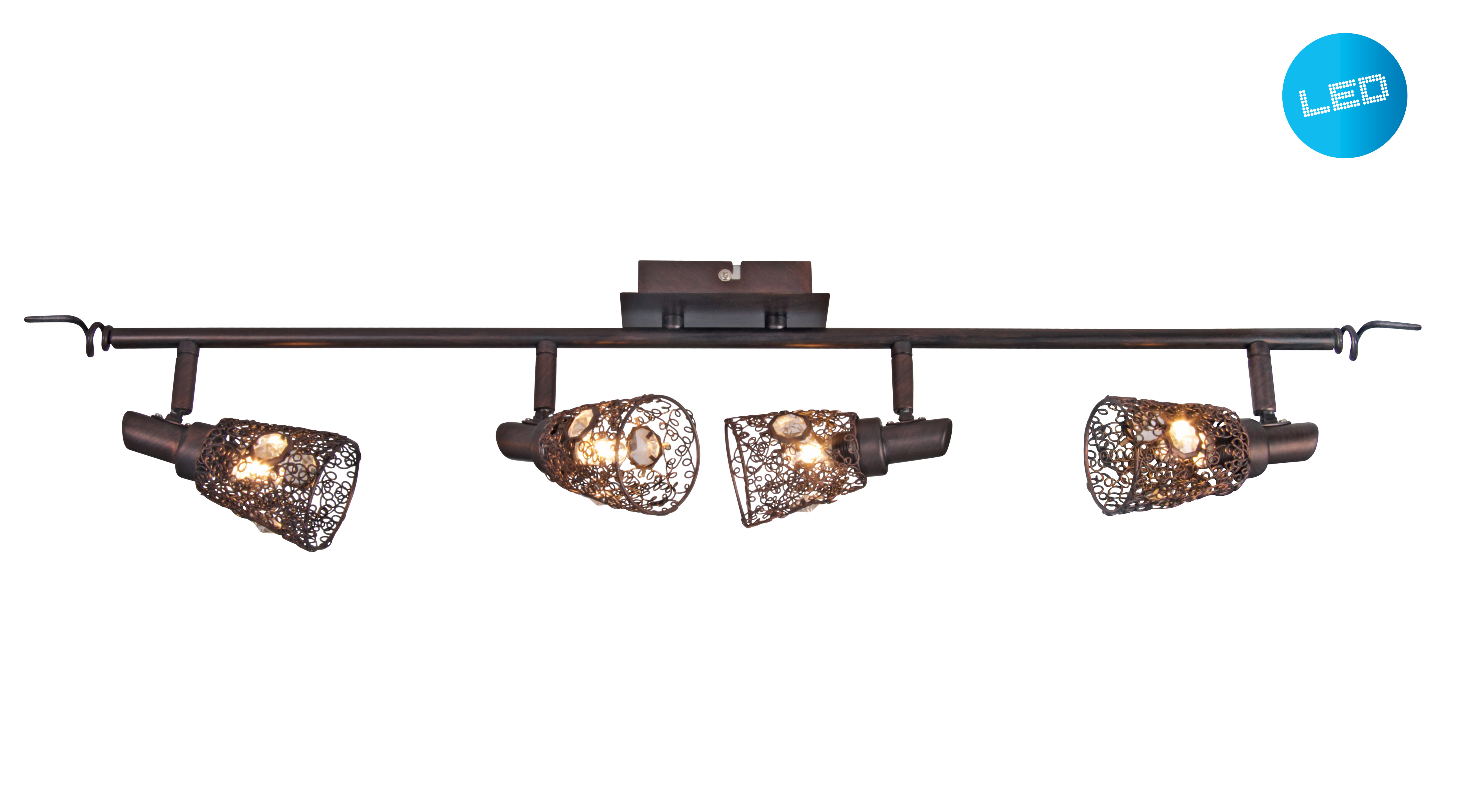 Schienenleuchte mit vier Lichtern. Die Lichter sind in einem Metallkäfig. Der Hintergrund ist weiß. Hat LED-Kennzeichnung.
