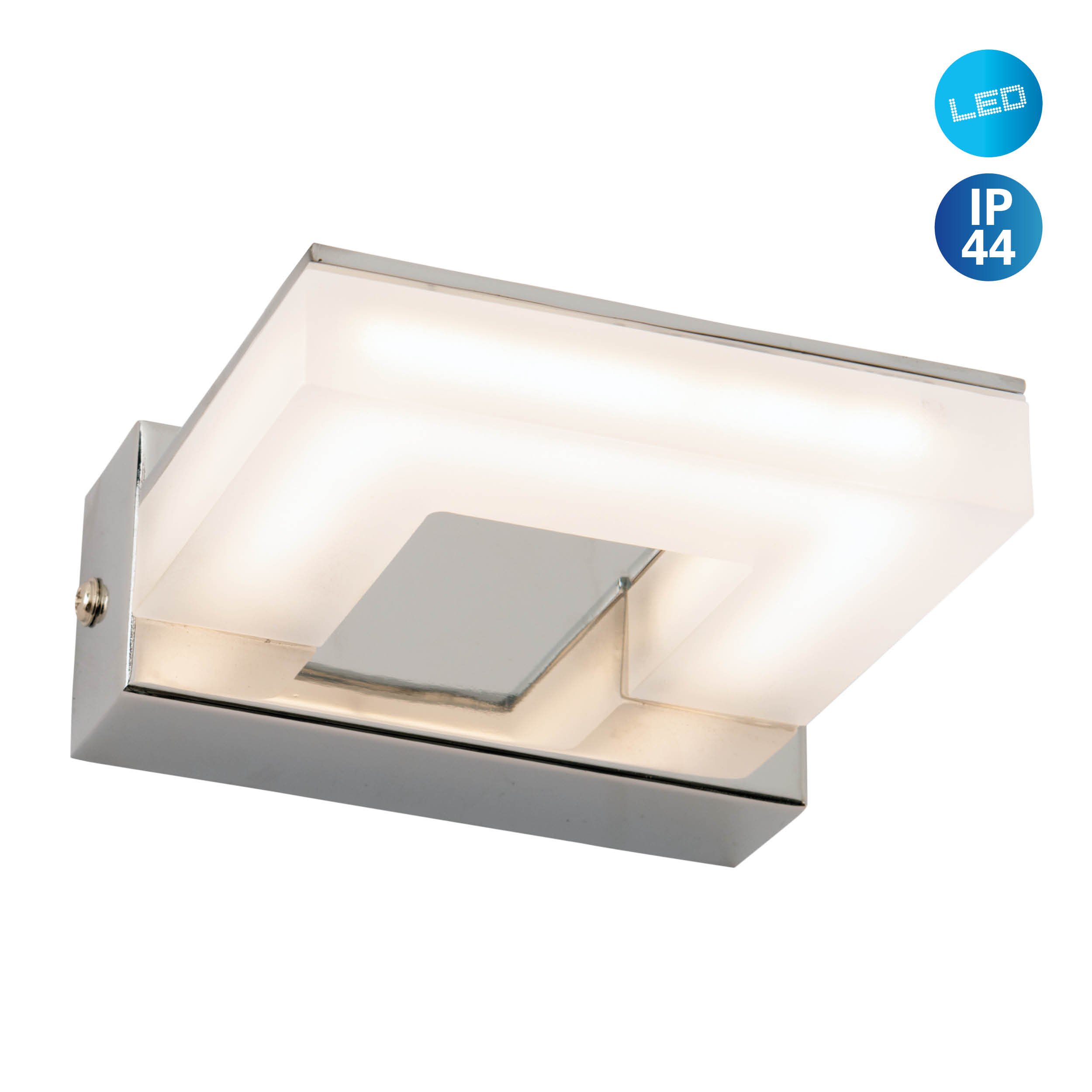 Quadratische Wandleuchte mit silbernem Rahmen und weißem Licht. Der Hintergrund ist weiß. Das Licht hat IP44- und LED-Markierungen.