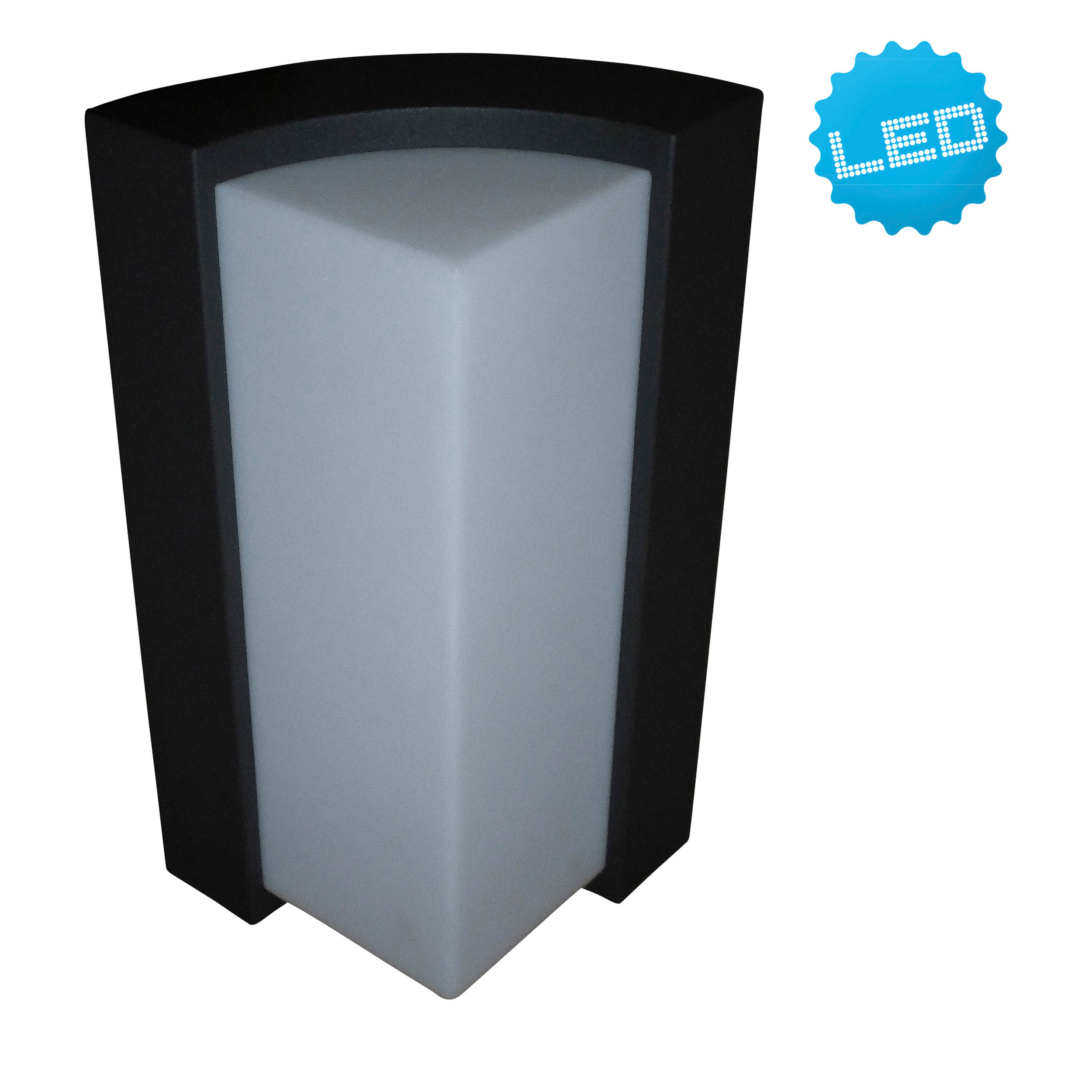 Schwarze und weiße Eckleuchte. Weißes Licht strahlt von der Ecke aus, mit einem blauen LED-Etikett rechts.