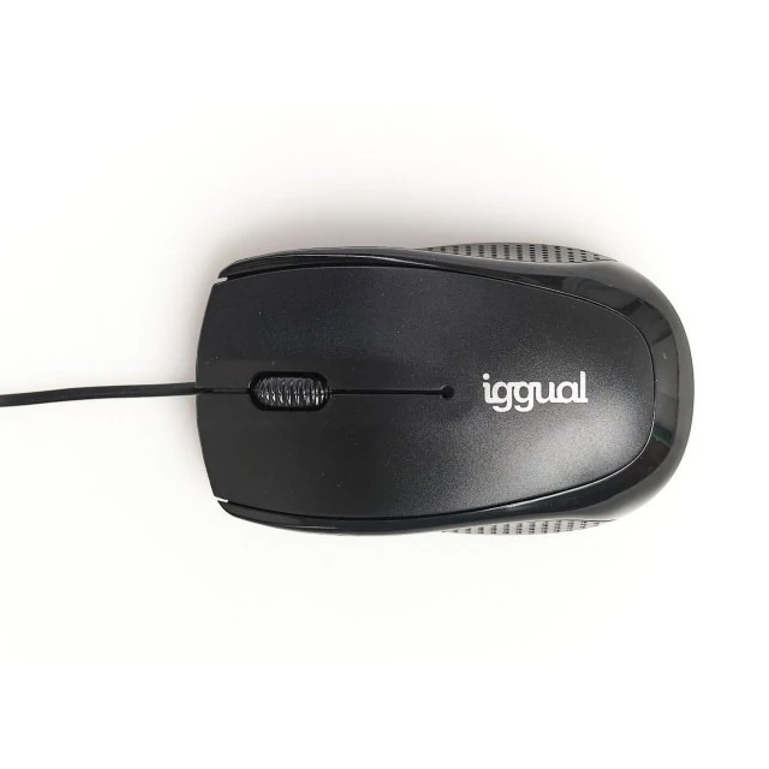Un ratón negro con el logo 'igggual' sobre fondo blanco. Tiene cable y rueda de desplazamiento.