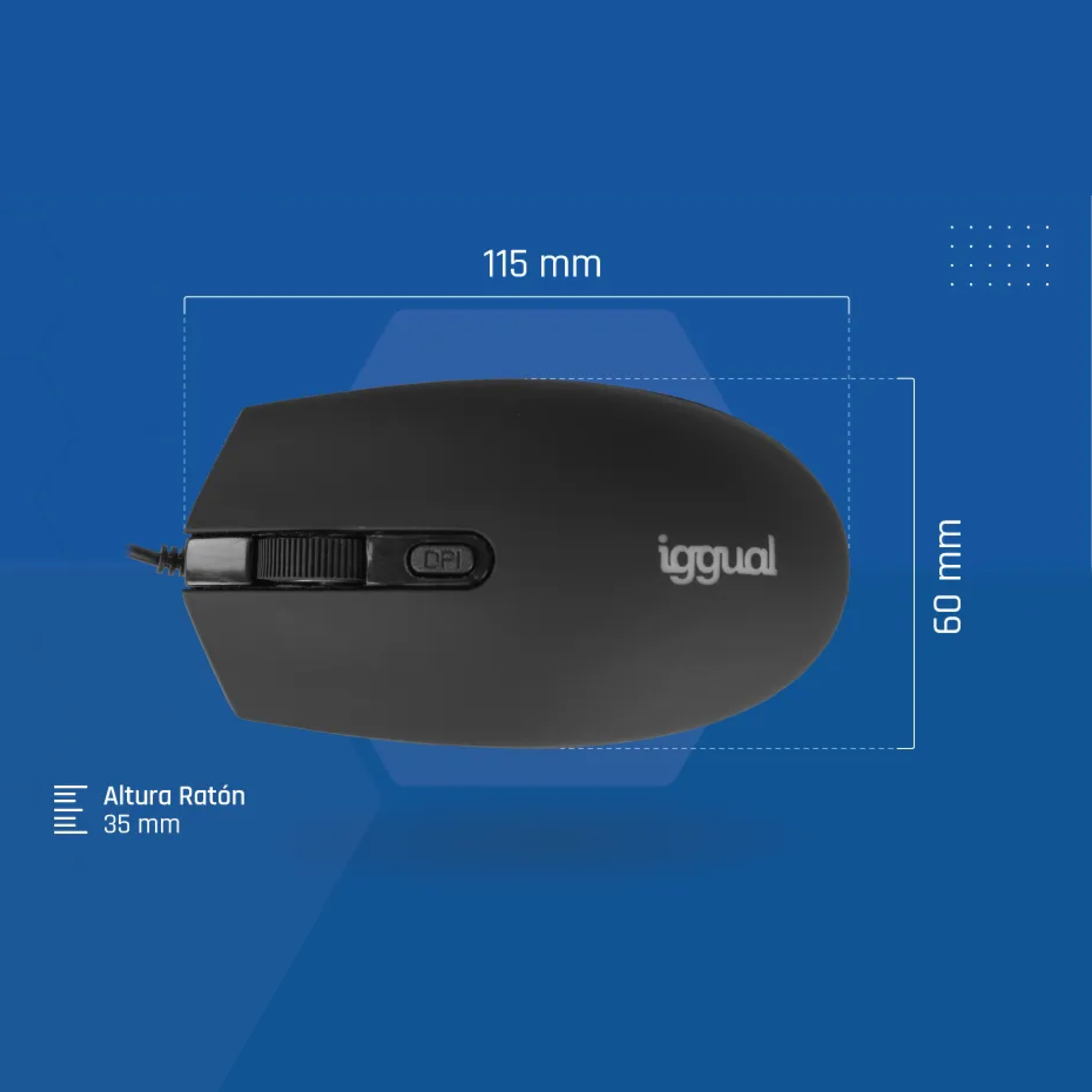 Ratón negro con medidas y la marca 'Iggual'.