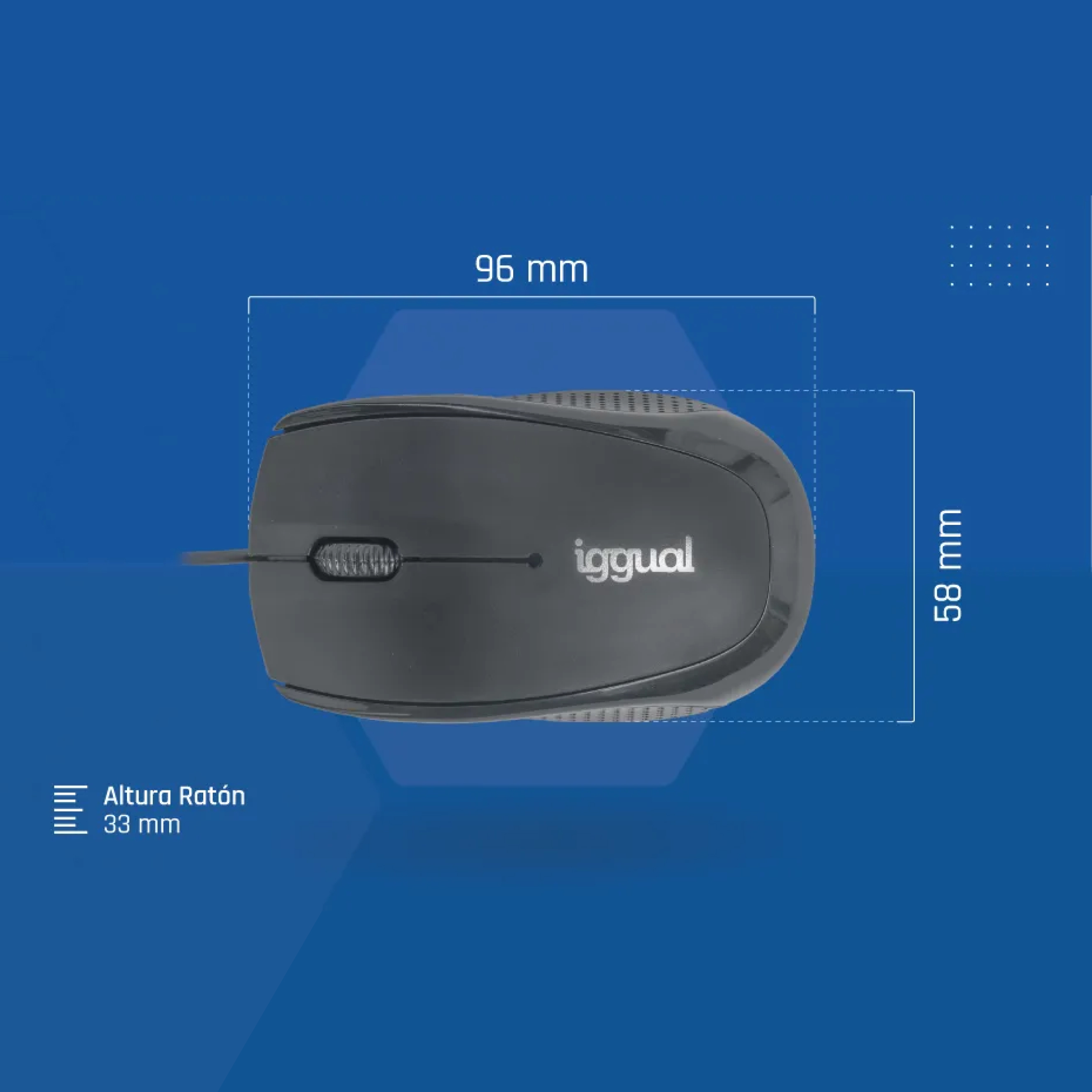 Ratón negro con medidas y la marca 'Iggual'.