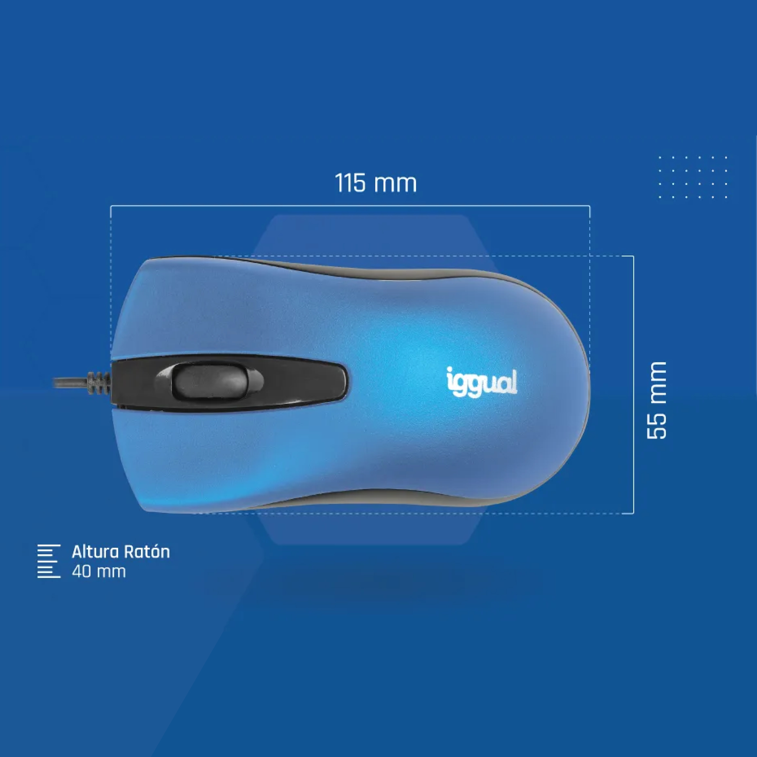Un ratón de ordenador azul con rueda negra, marca 'igggual', con medidas. Sobre fondo azul.