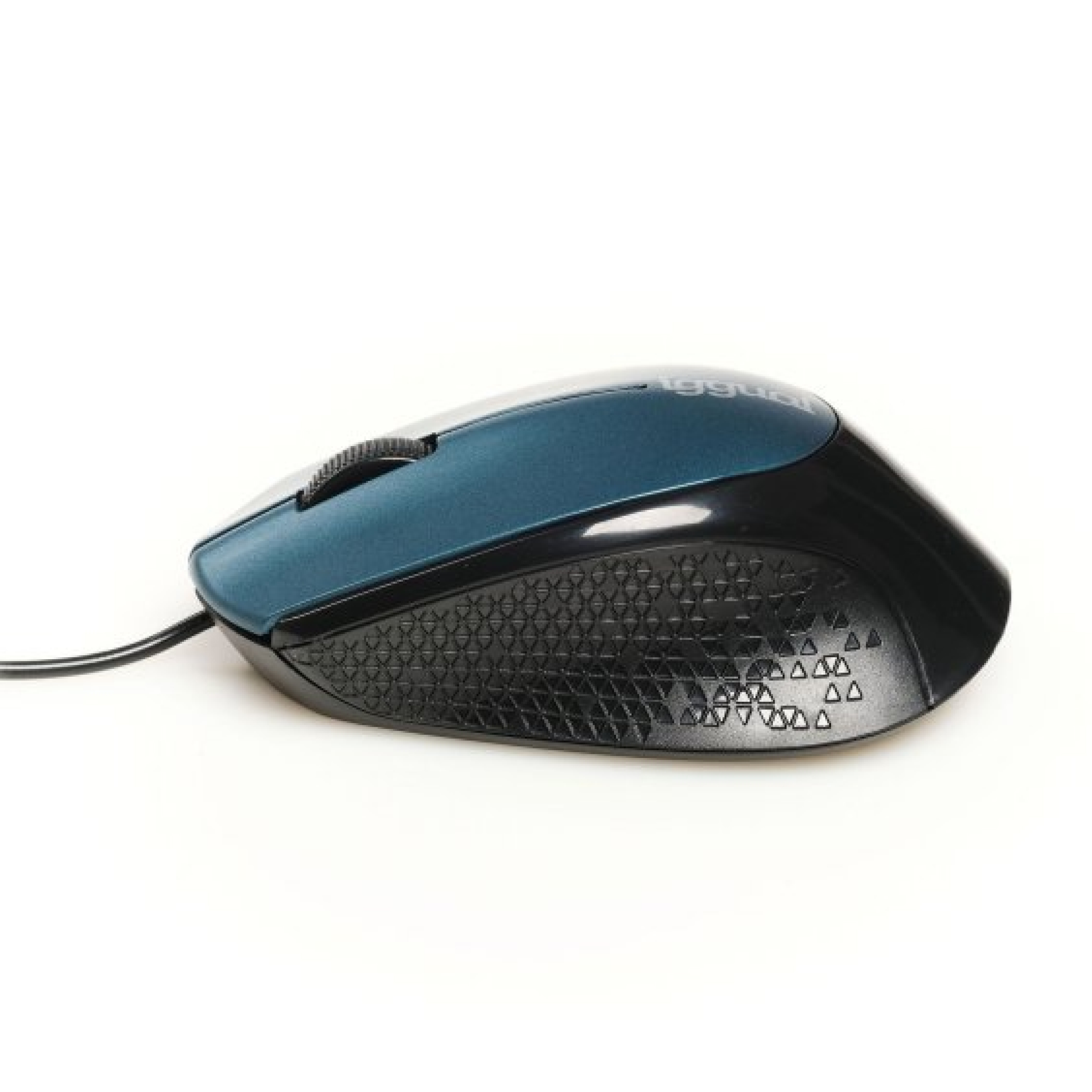 Ratón Iggual azul y negro sobre fondo blanco. Tiene una rueda y un cable.