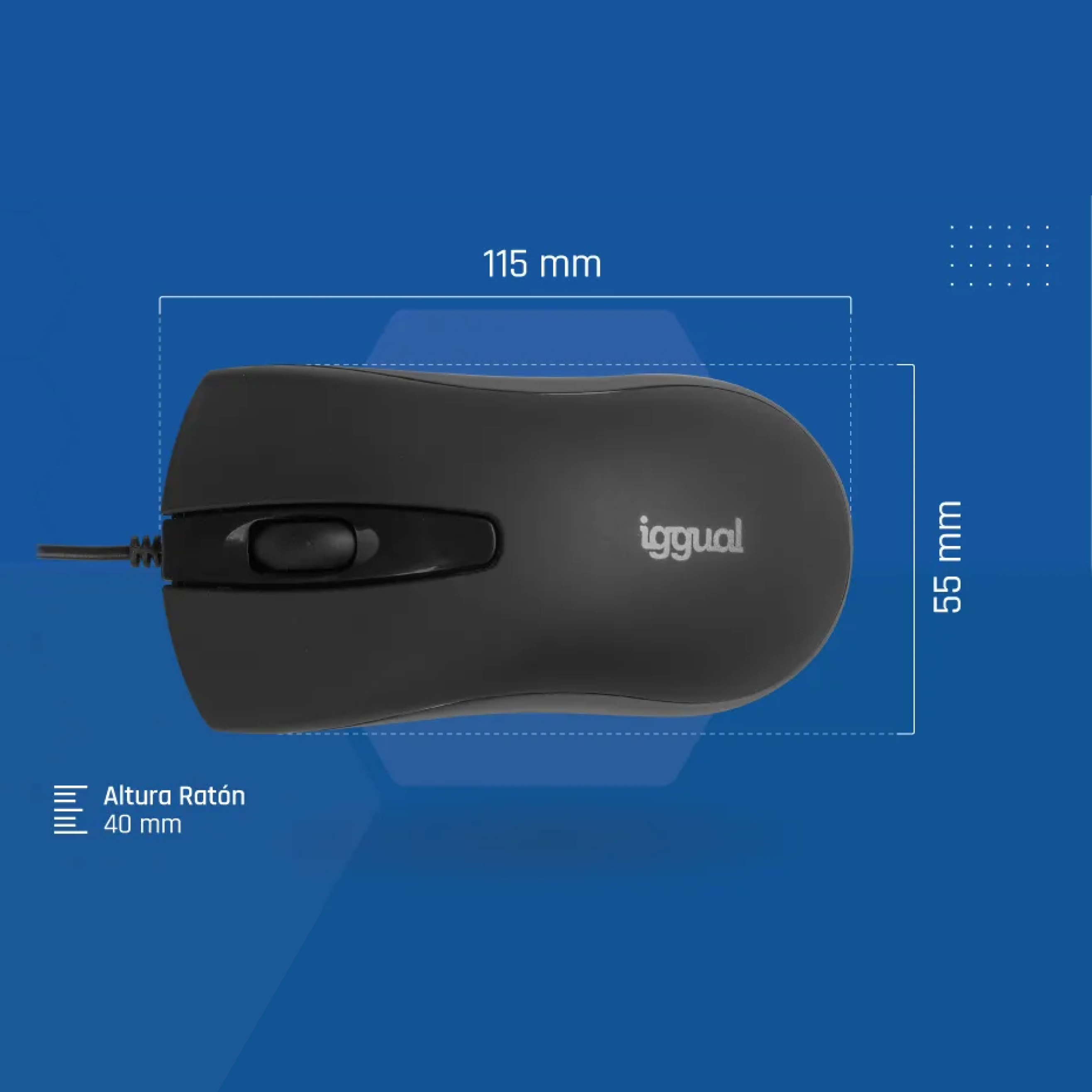 Vista superior de un ratón negro con cable. El ratón tiene el logo Iggual y dimensiones en mm.