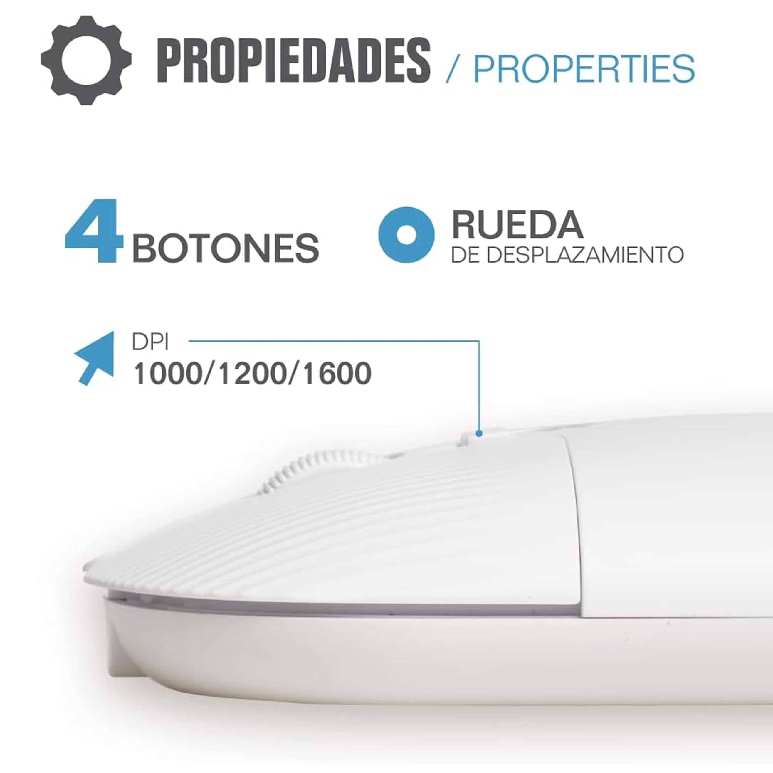 Primer plano de un ratón blanco, mostrando la rueda de desplazamiento y botones. Texto: Propiedades / Properties. DPI info.