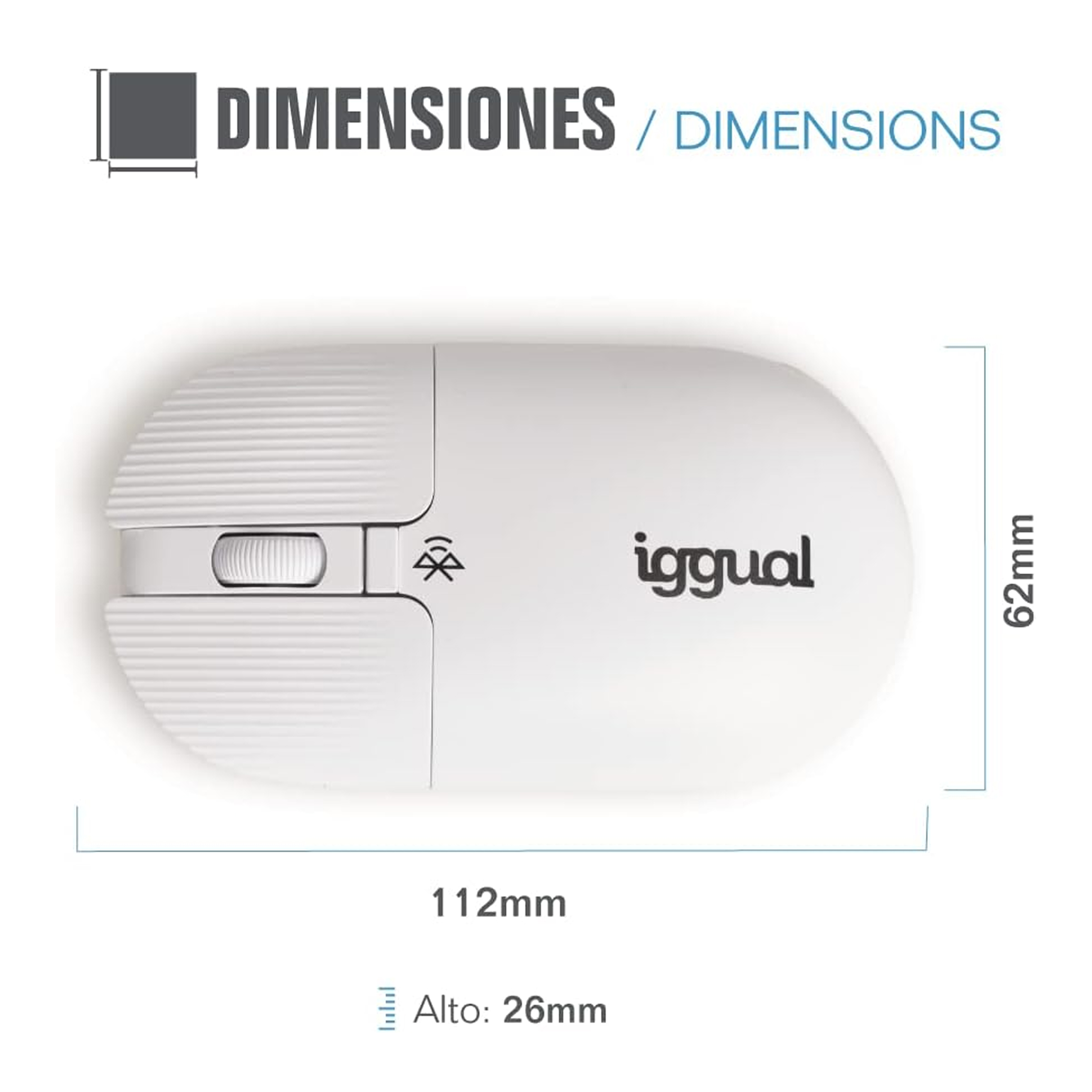 Un ratón blanco con rueda de desplazamiento y botones negros. El ratón tiene dimensiones en la imagen.
