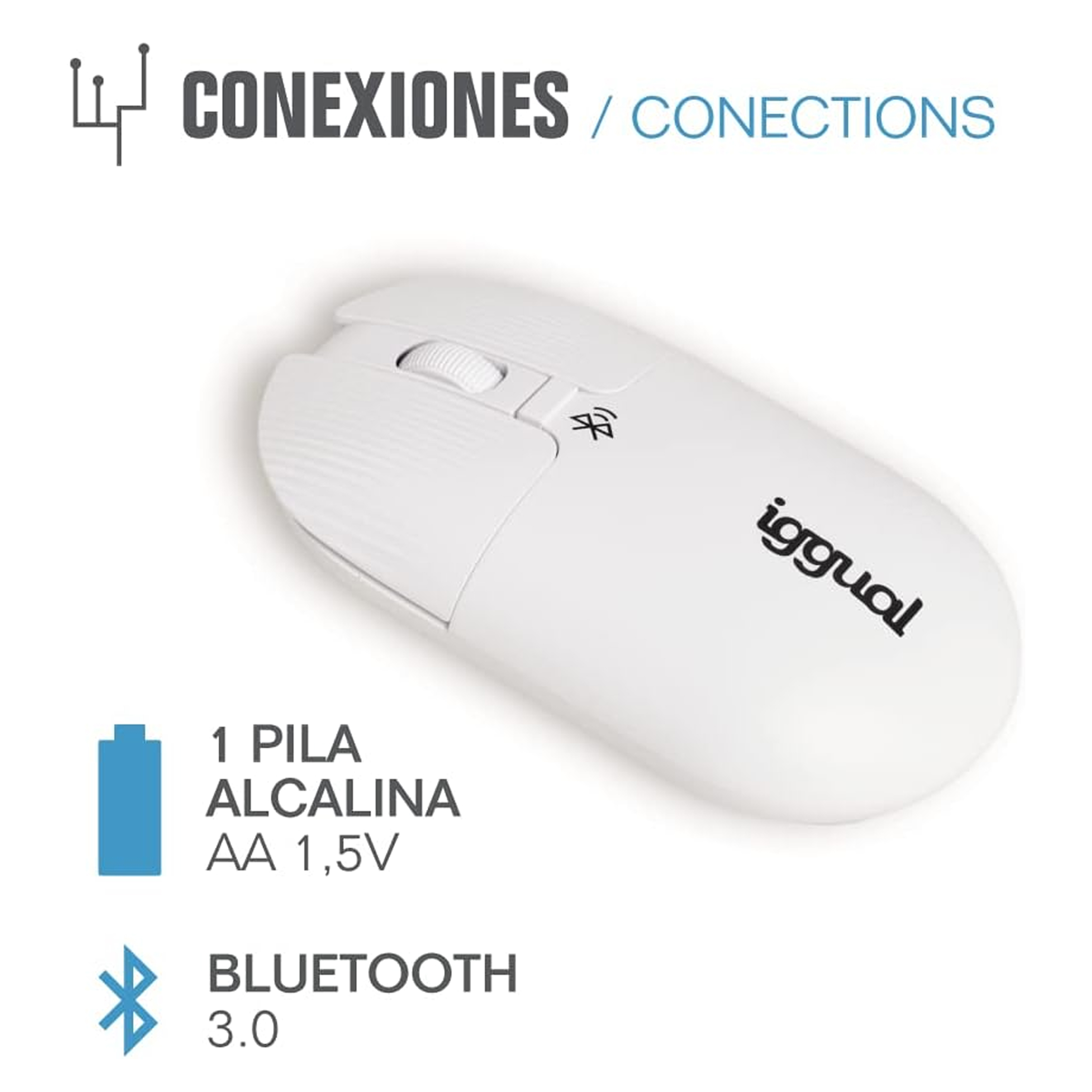 Ratón blanco con logo, información de batería y Bluetooth, sobre fondo blanco. Texto: Conexiones / Connections.