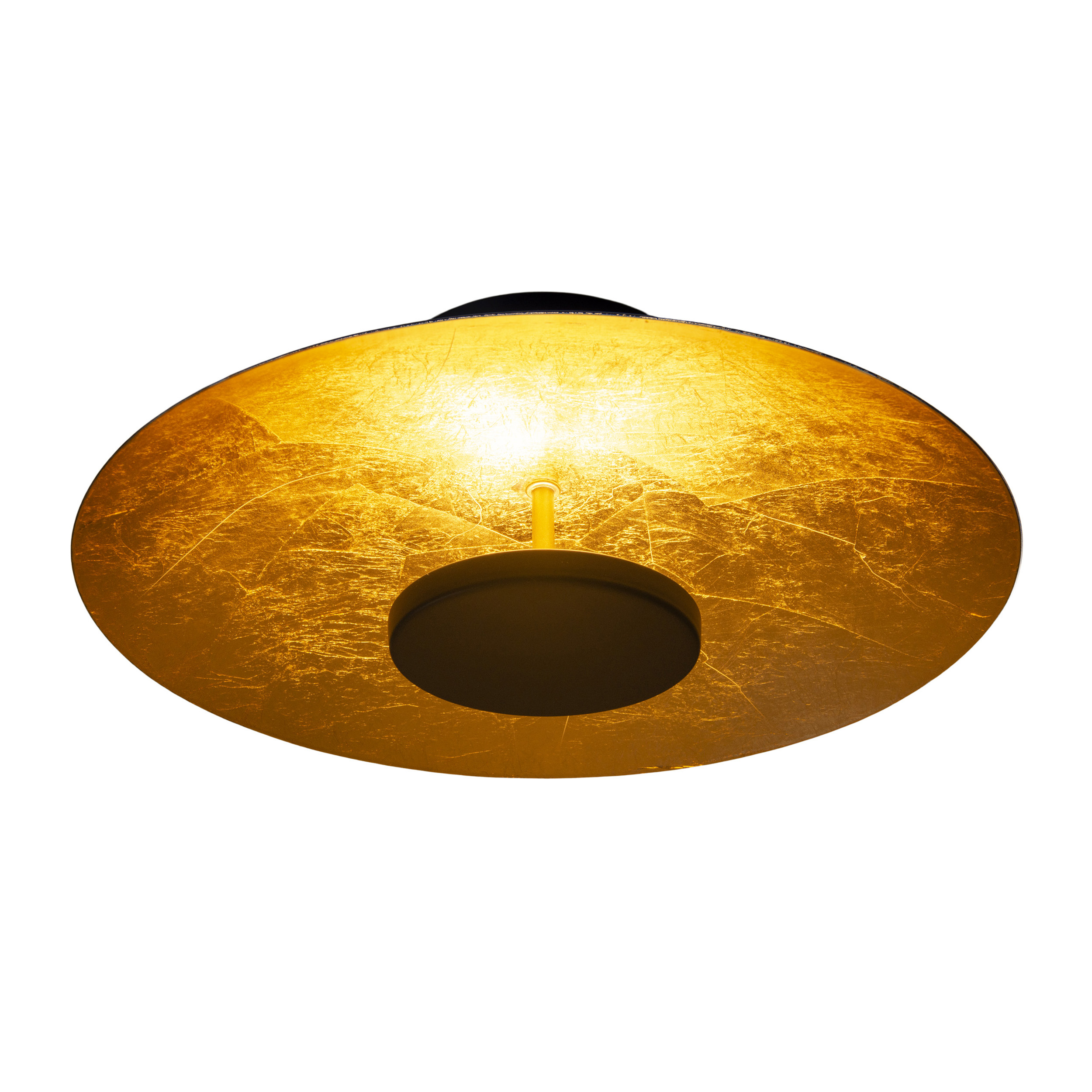 Deckenleuchte mit goldener Oberfläche. Das Licht hat eine kreisförmige Form mit schwarzem Oberteil, freigestellt.