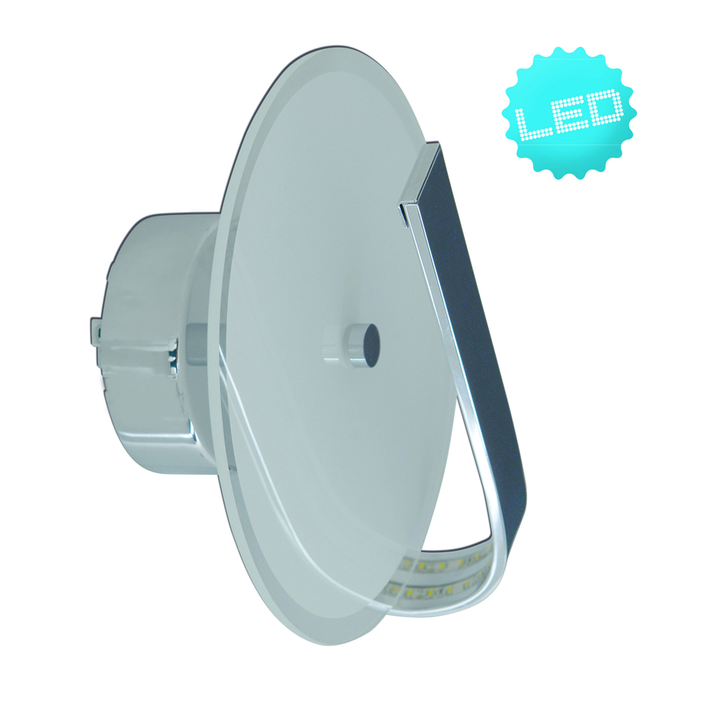 Weiße und verchromte LED-Deckenleuchte. Das Licht ist rund. Die Ansicht ist von der Seite, freigestellt auf Weiß.
