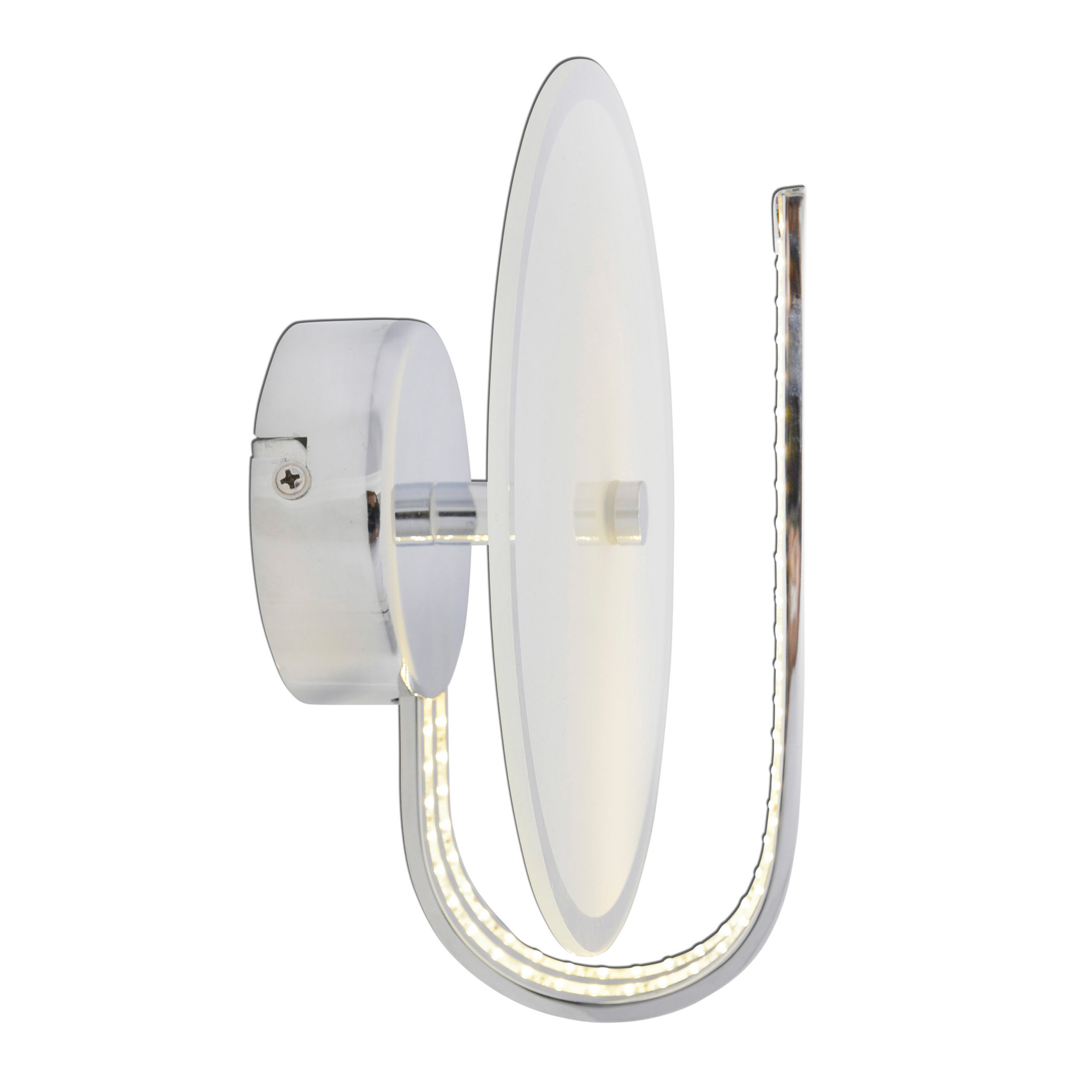 Eine verchromte Wandleuchte mit gebogenem Arm und kreisförmigem Lichtelement. Das Licht ist weiß.