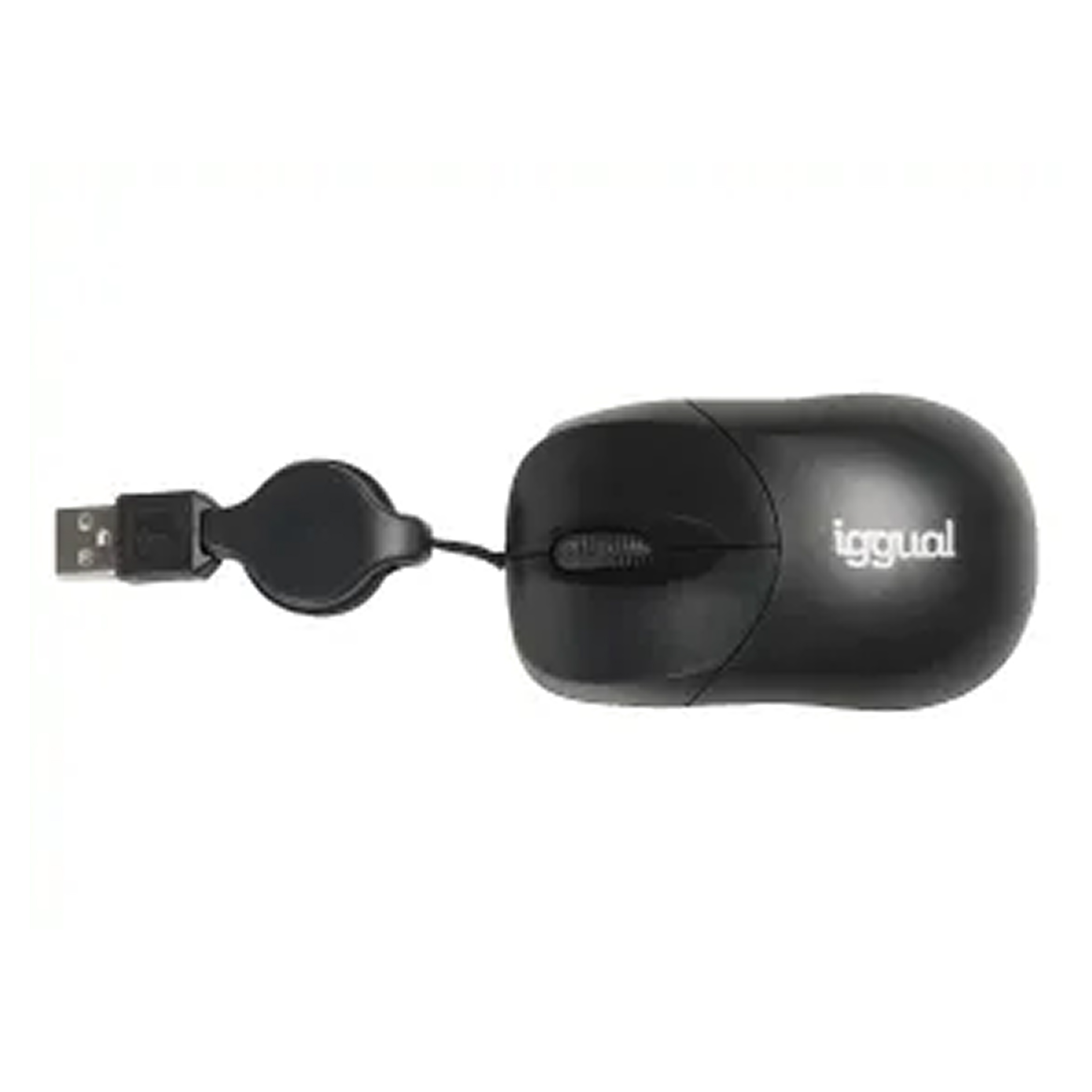 Ratón de ordenador negro con cable retráctil y enchufe USB. Fondo blanco.