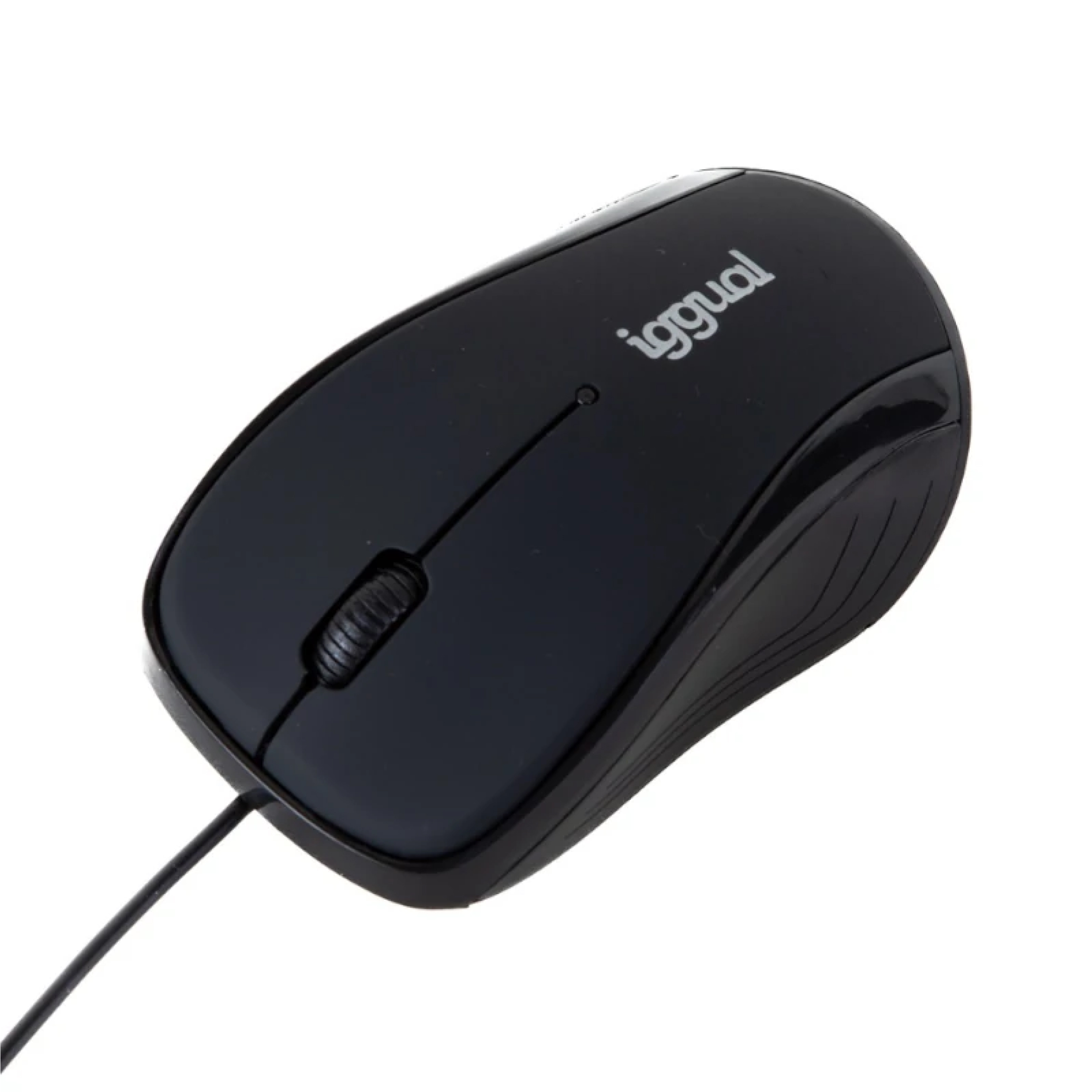 Mouse per computer nero, vista dall'alto, angolato. Il mouse ha il logo Iggual, con un cavo.