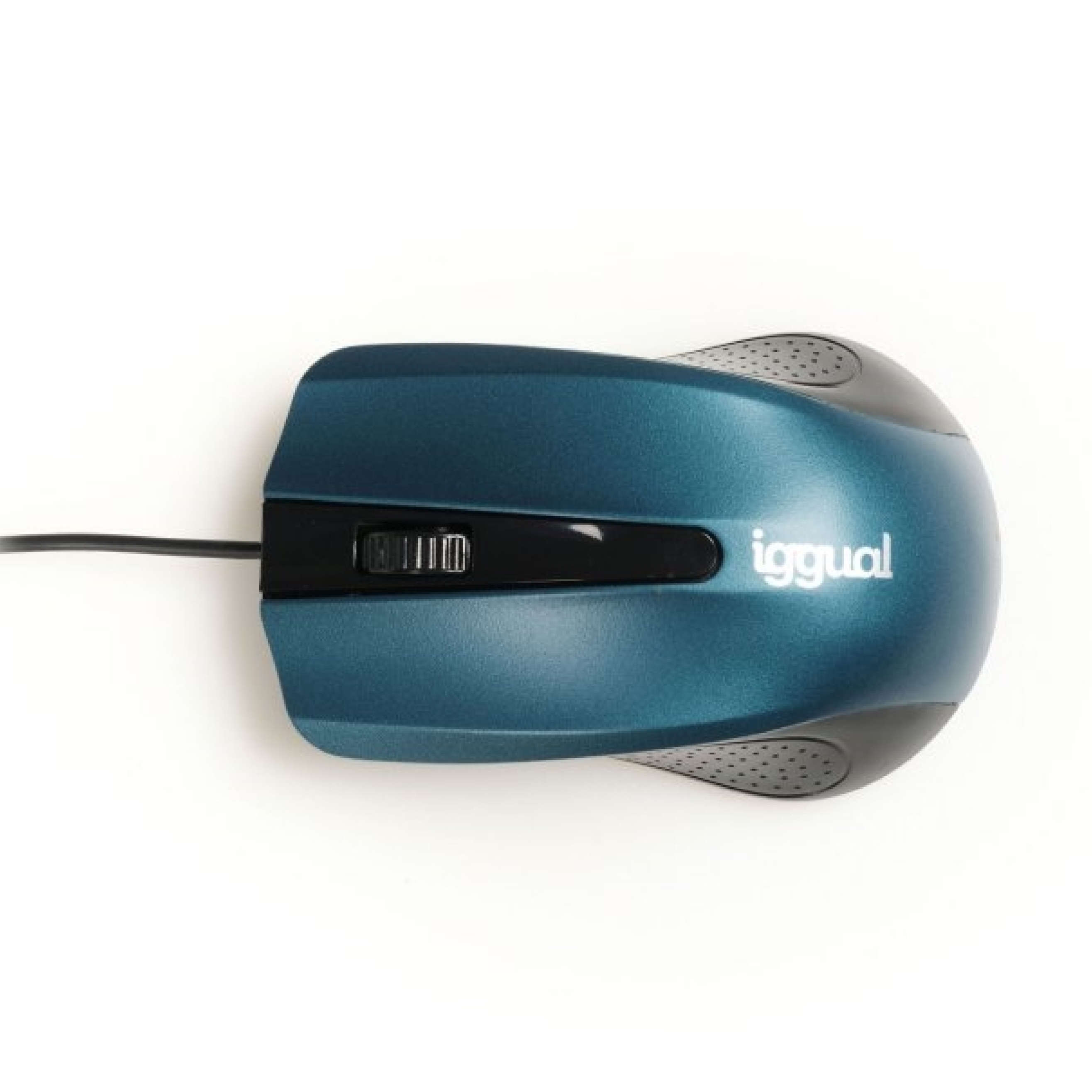 Vista superior de un ratón azul y negro. El ratón tiene el logo Iggual, con un cable que sale de él.